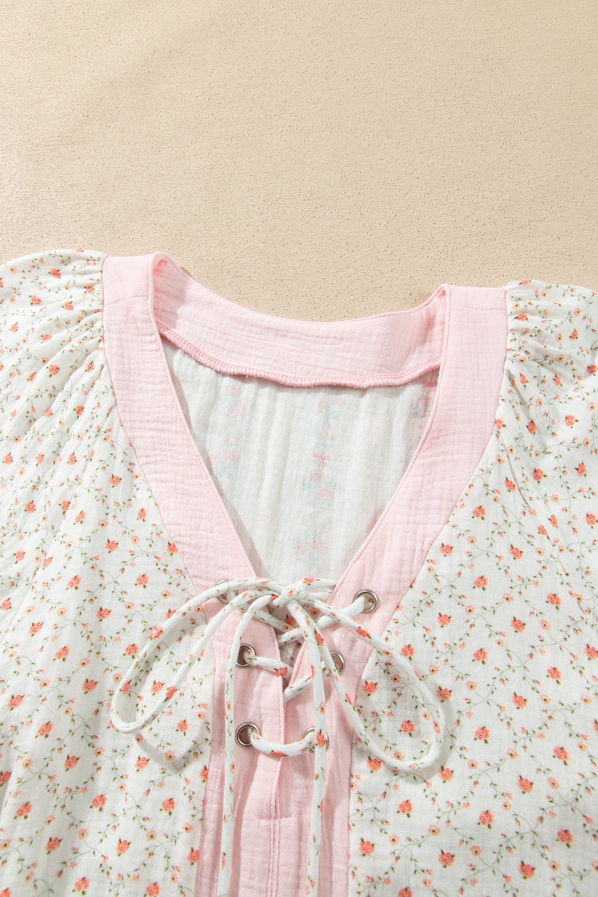 Beige Floral Print Color Block Trim Lace-up V Neck Long Sleeve Blouse-Tops/Blouses & Shirts-[Adult]-[Female]-2022 Online Blue Zone Planet