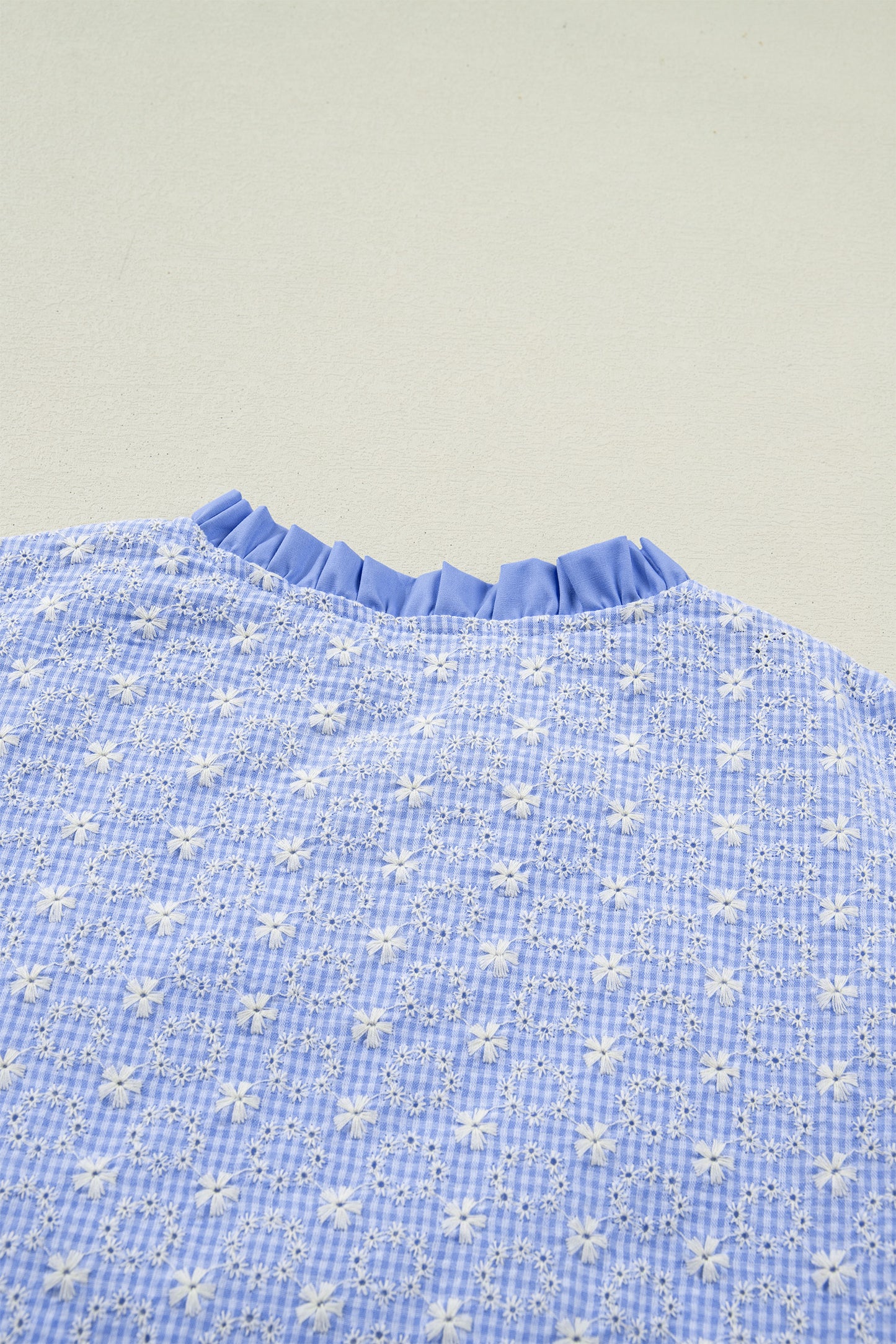 Beau Blue Eyelet Embroidered Flower Texture Contrast Lace Trim Flutter Sleeve Blouse-Tops/Blouses & Shirts-[Adult]-[Female]-2022 Online Blue Zone Planet
