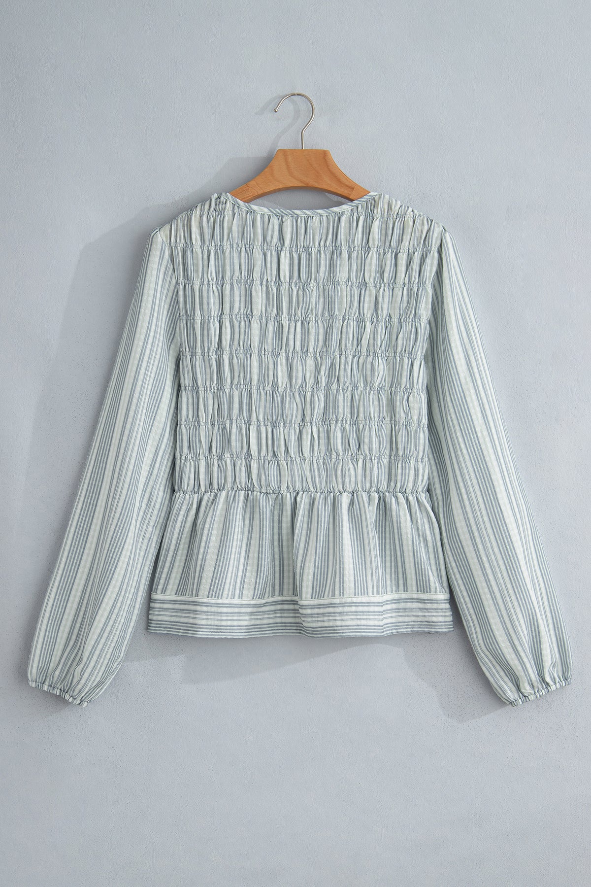 Blue Stripe V Neck Shirred Long Sleeve Blouse-Tops/Blouses & Shirts-[Adult]-[Female]-2022 Online Blue Zone Planet