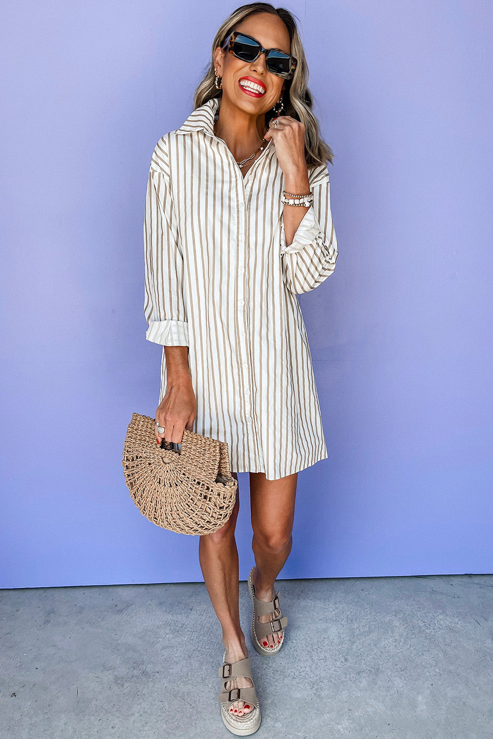 Khaki Stripe Long Sleeve Button Up Mini Shirt Dress-Dresses/Mini Dresses-[Adult]-[Female]-2022 Online Blue Zone Planet