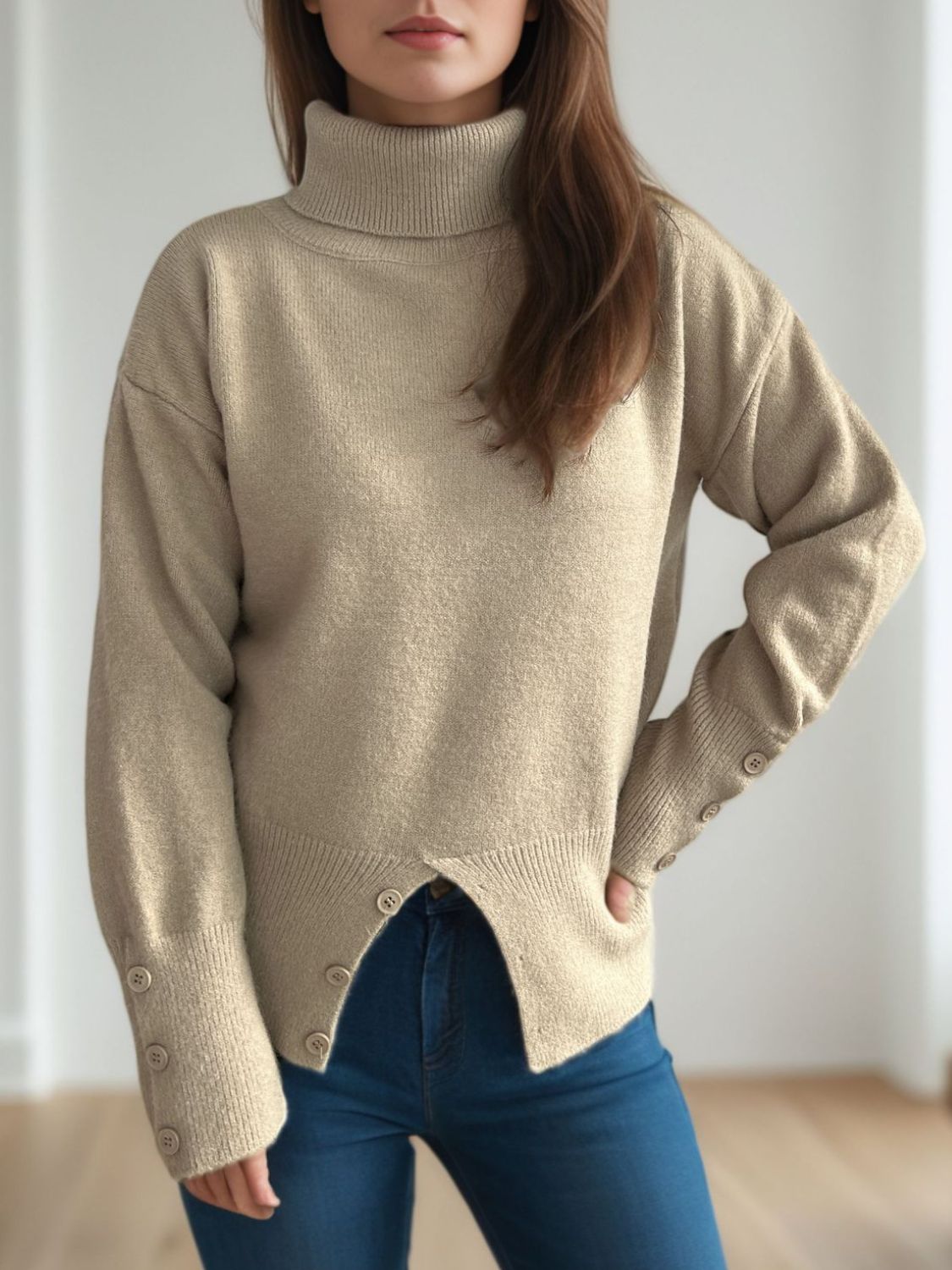 Blue Zone Planet | Front Slit Decorative Button Turtleneck Sweater-TOPS / DRESSES-[Adult]-[Female]-2022 Online Blue Zone Planet