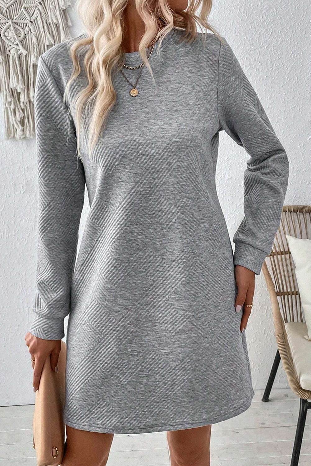 Blue Zone Planet | Gray Solid Color Textured Long Sleeve Shift Dress-TOPS / DRESSES-[Adult]-[Female]-2022 Online Blue Zone Planet