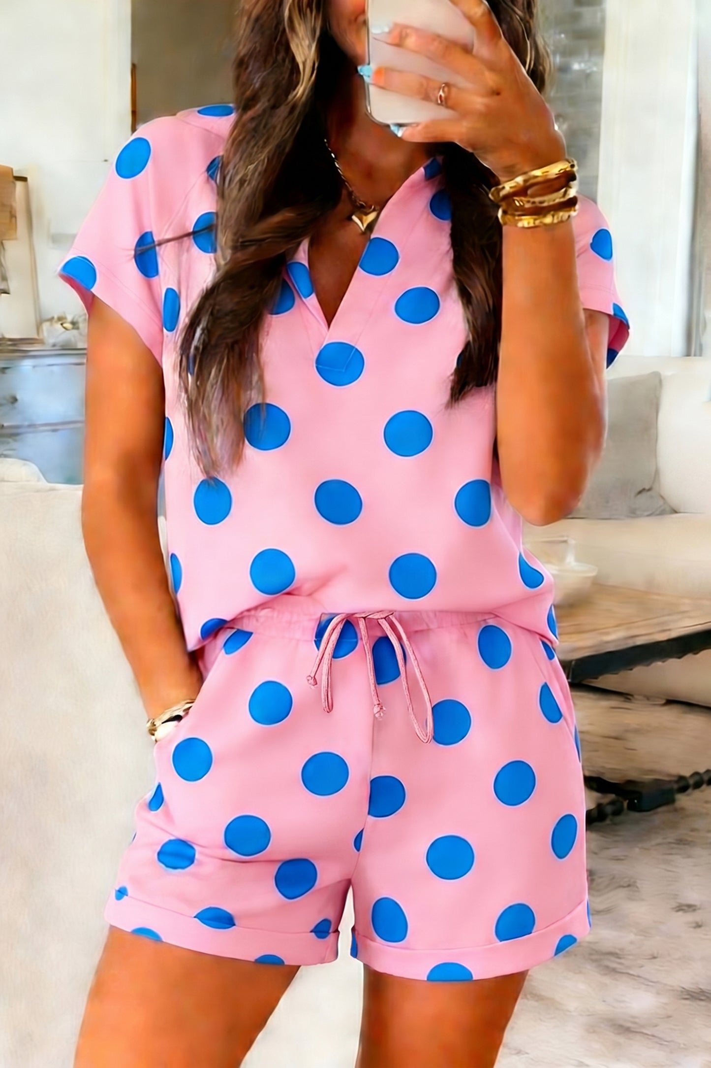 Beige Polka Dot Print V Neck Tee Short Set-Two Piece Sets/Short Sets-[Adult]-[Female]-2022 Online Blue Zone Planet