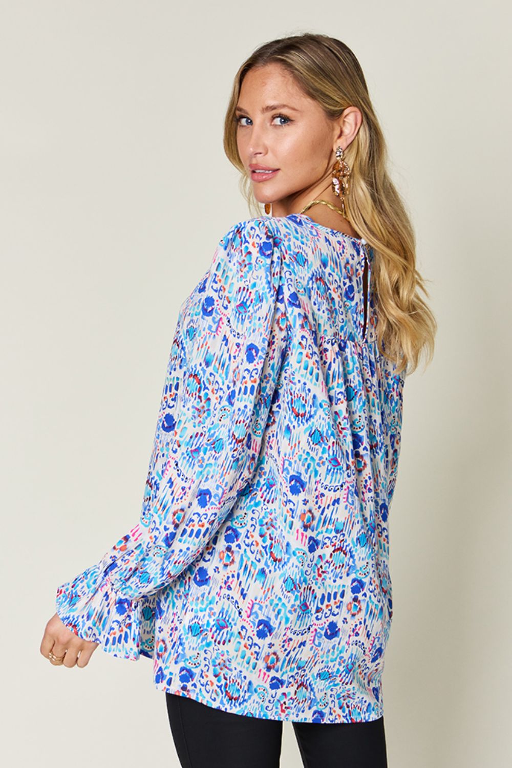 Blue Zone Planet | Double Take Full Size Printed Flounce Sleeve Blouse-TOPS / DRESSES-[Adult]-[Female]-2022 Online Blue Zone Planet