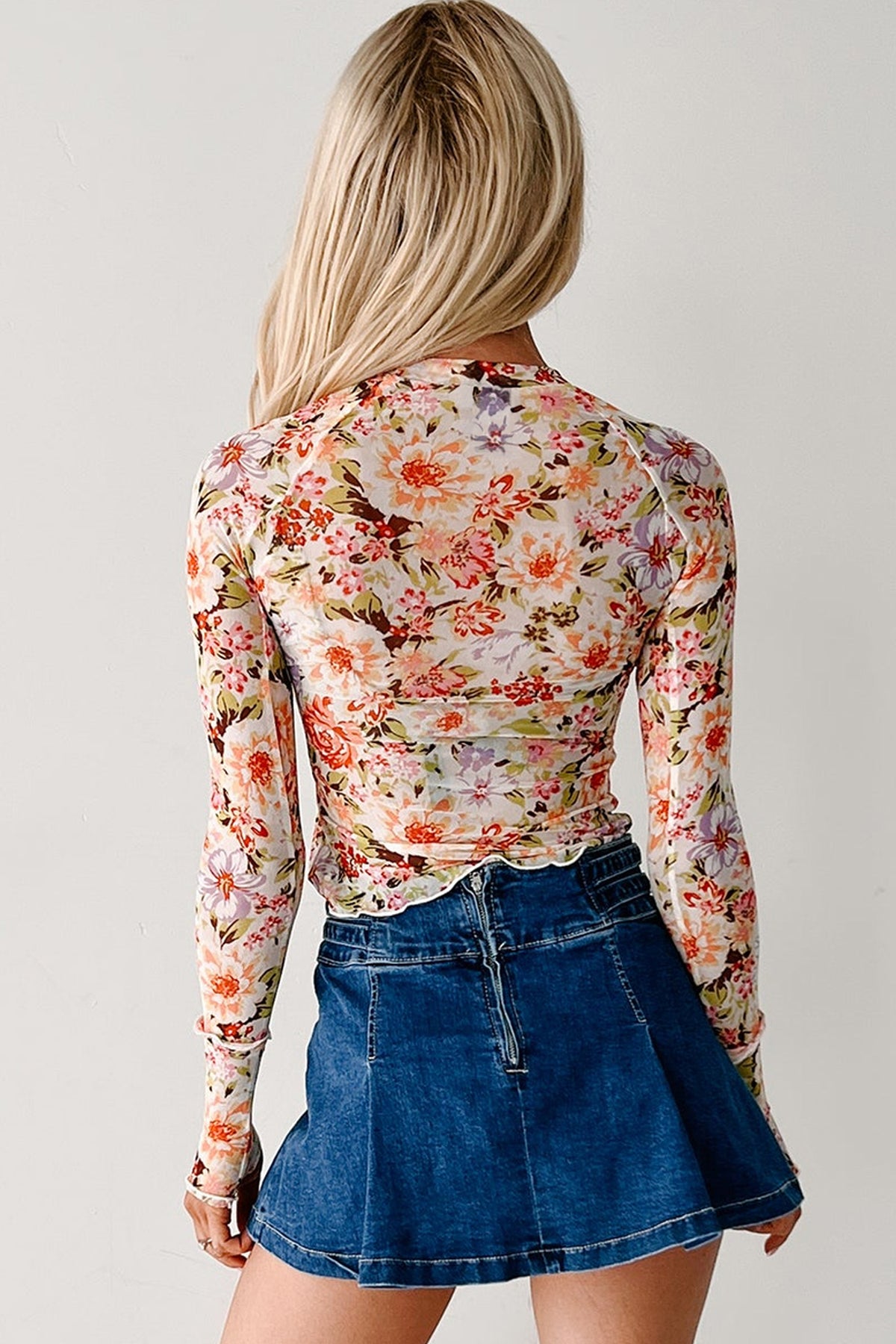 Multicolour Floral Print Mesh Thumbhole Long Sleeve Slim Top-Tops/Long Sleeve Tops-[Adult]-[Female]-2022 Online Blue Zone Planet