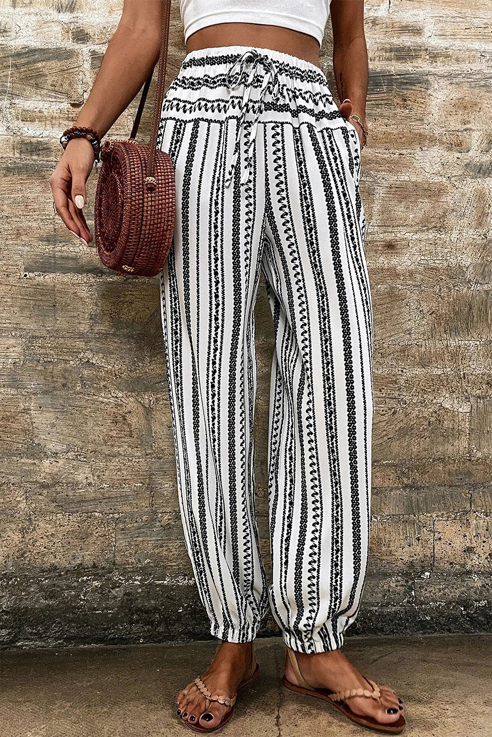 Black Stripe Boho Print Drawstring Elastic Waistband Casual Joggers-Bottoms/Pants & Culotte-[Adult]-[Female]-2022 Online Blue Zone Planet