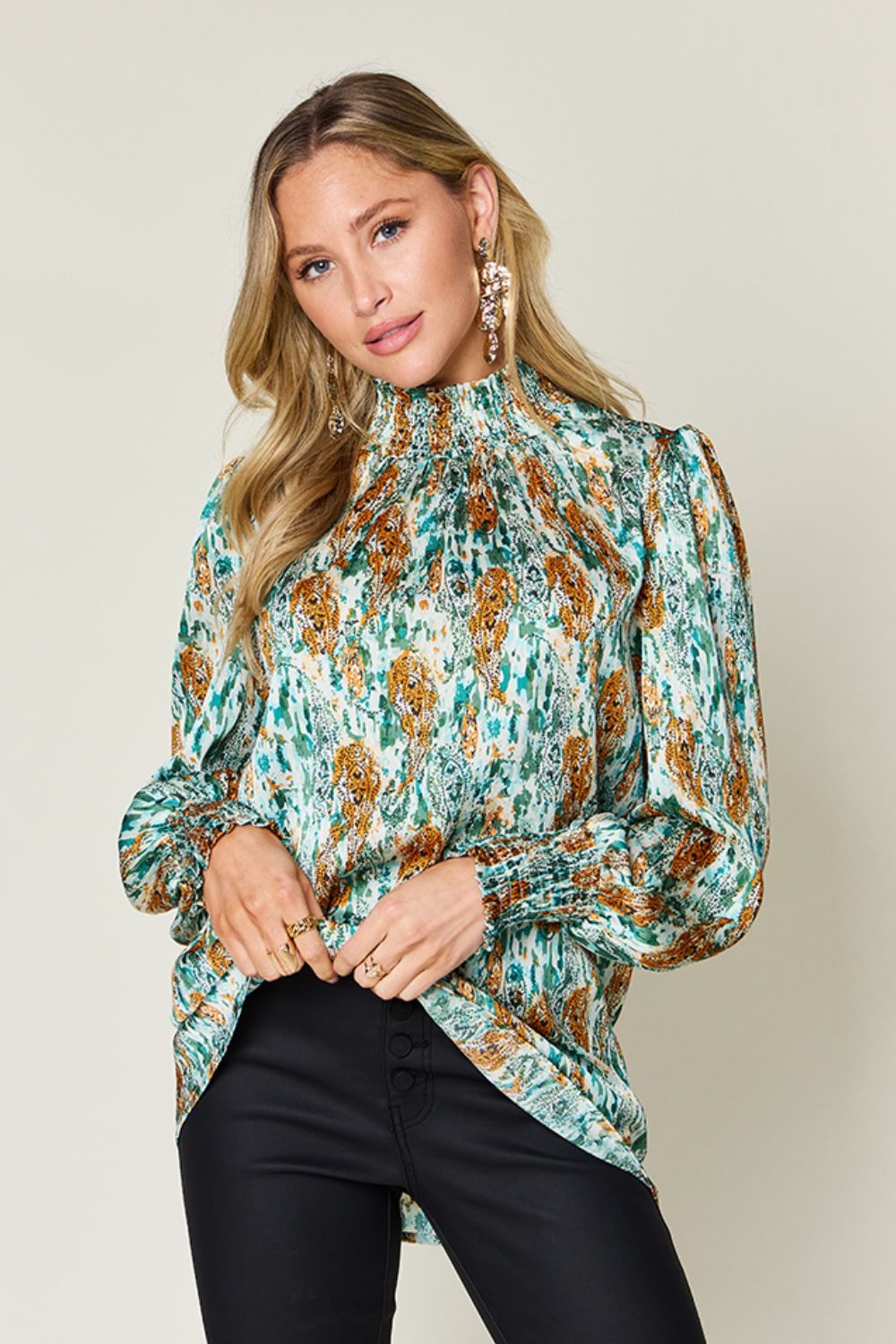 Blue Zone Planet | Double Take Full Size Printed Smocked Long Sleeve Blouse-TOPS / DRESSES-[Adult]-[Female]-2022 Online Blue Zone Planet