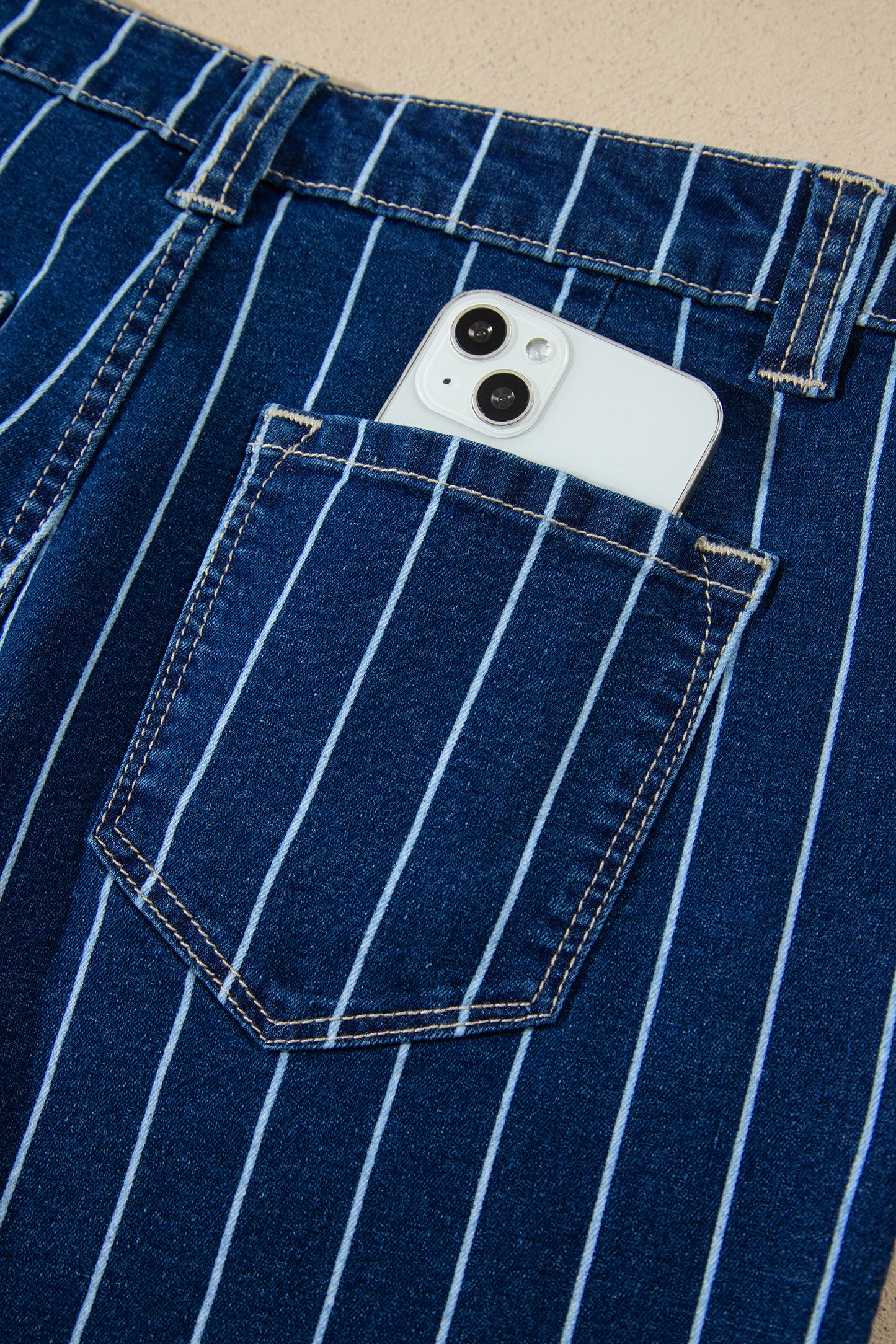 Blue Stripe Metal Button Detail Womens Denim Shorts-Bottoms/Denim Shorts-[Adult]-[Female]-2022 Online Blue Zone Planet