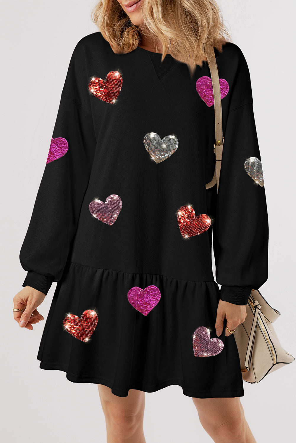 Sequin Heart Round Neck Long Sleeve Mini Dress-TOPS / DRESSES-[Adult]-[Female]-Black-S-2022 Online Blue Zone Planet