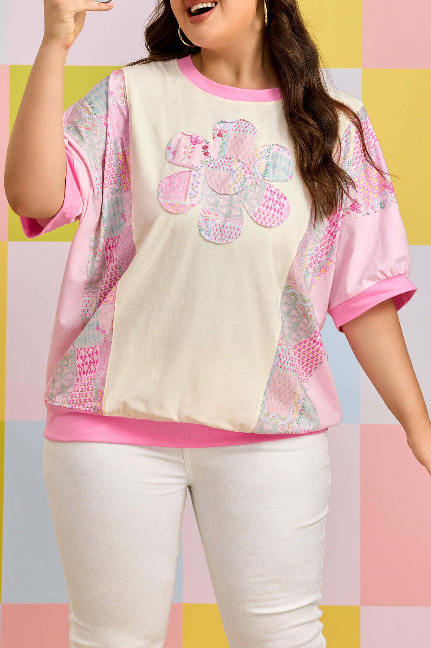 Beige Plus Size Floral Patchwork Short Sleeve Patch Embroidery Cotton T Shirt-Plus Size/Plus Size Tops/Plus Size Tops & Tees-[Adult]-[Female]-2022 Online Blue Zone Planet