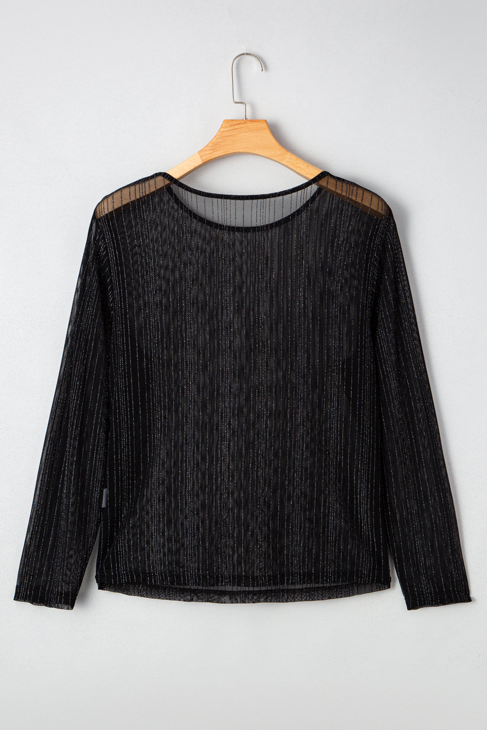Black Plus Size Shimmer Textured Mesh Fitted Long Sleeve Top-Plus Size/Plus Size Tops/Plus Size Long Sleeve Tops-[Adult]-[Female]-2022 Online Blue Zone Planet