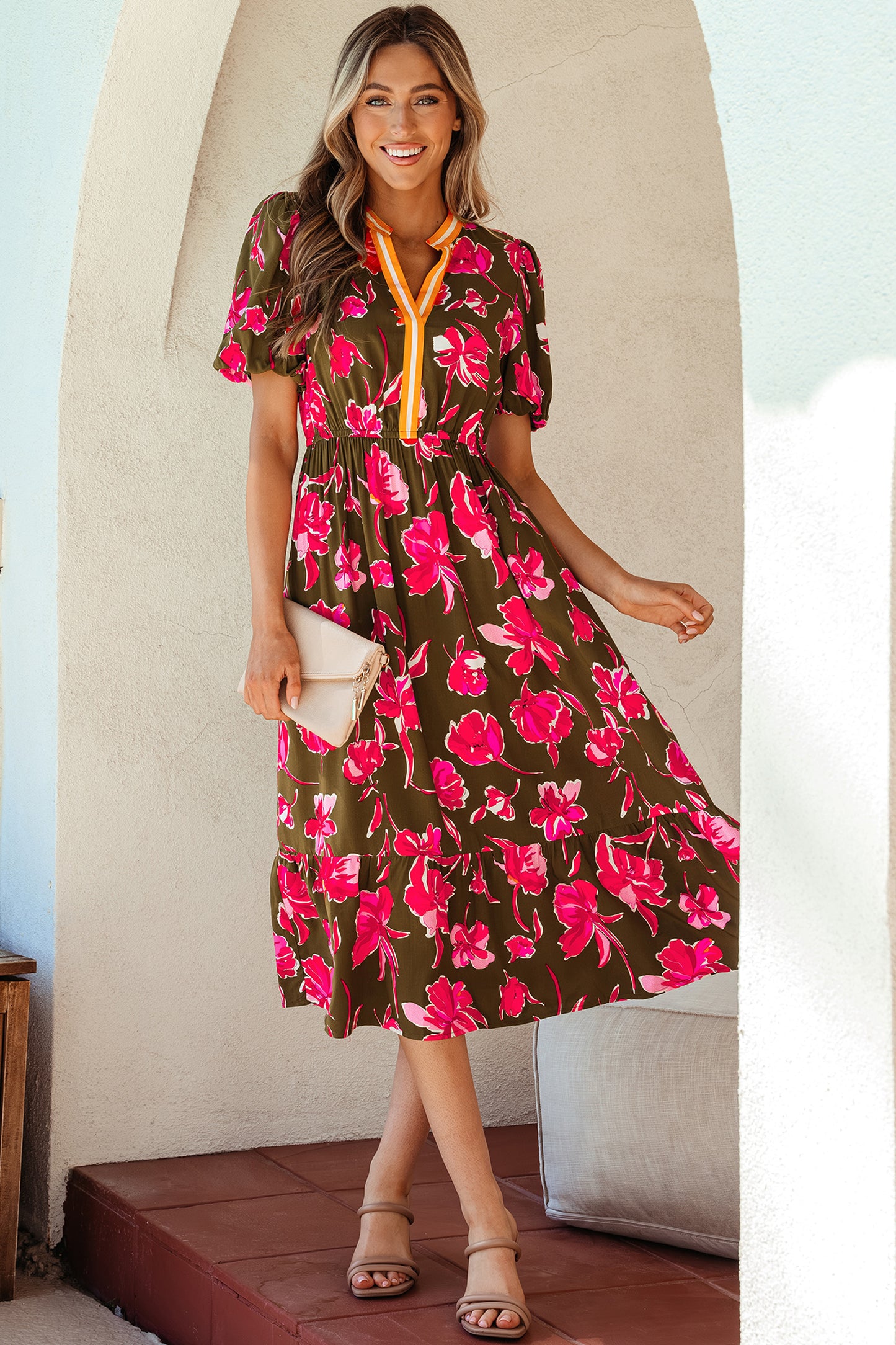 Green Floral Print Striped Trim Split Neck Short Puff Sleeve Ruffle Hem Maxi Dress-TOPS / DRESSES-[Adult]-[Female]-2022 Online Blue Zone Planet