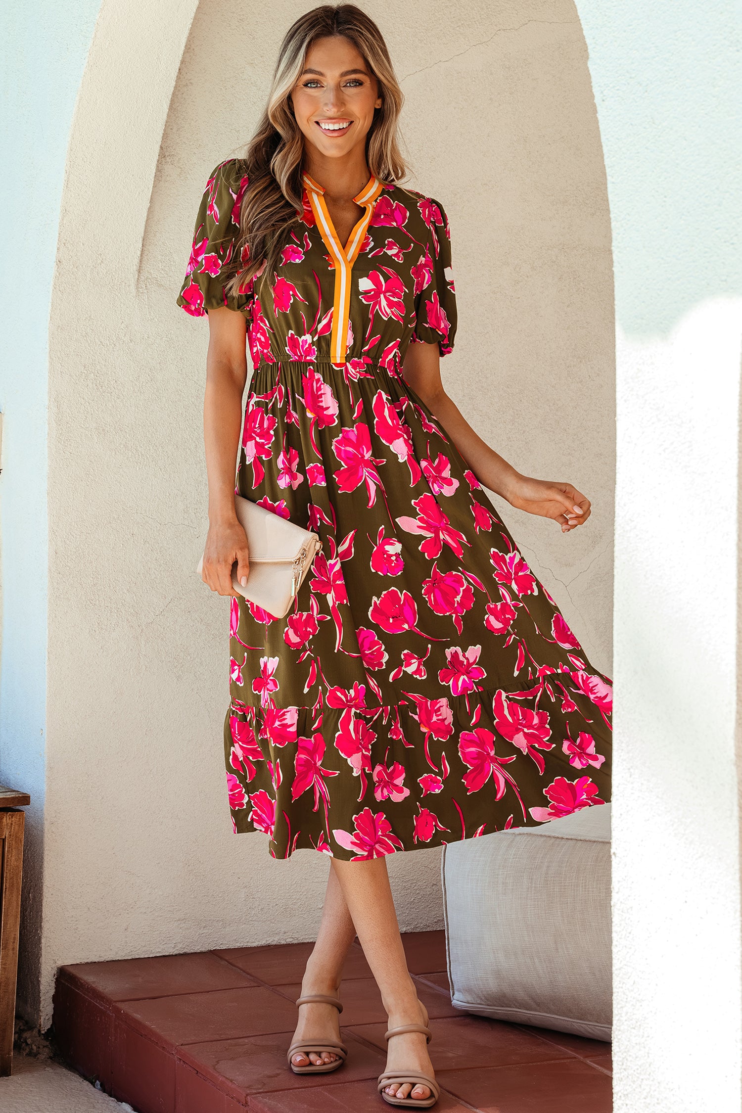 Green Floral Print Striped Trim Split Neck Short Puff Sleeve Ruffle Hem Maxi Dress-TOPS / DRESSES-[Adult]-[Female]-2022 Online Blue Zone Planet