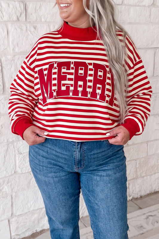 Red Stripe Plus Size MERRY Festive Letter Embroidery Patched Graphic Pullover Sweatshirt-Plus Size/Plus Size Sweatshirts & Hoodies-[Adult]-[Female]-Red Stripe-1X-2022 Online Blue Zone Planet