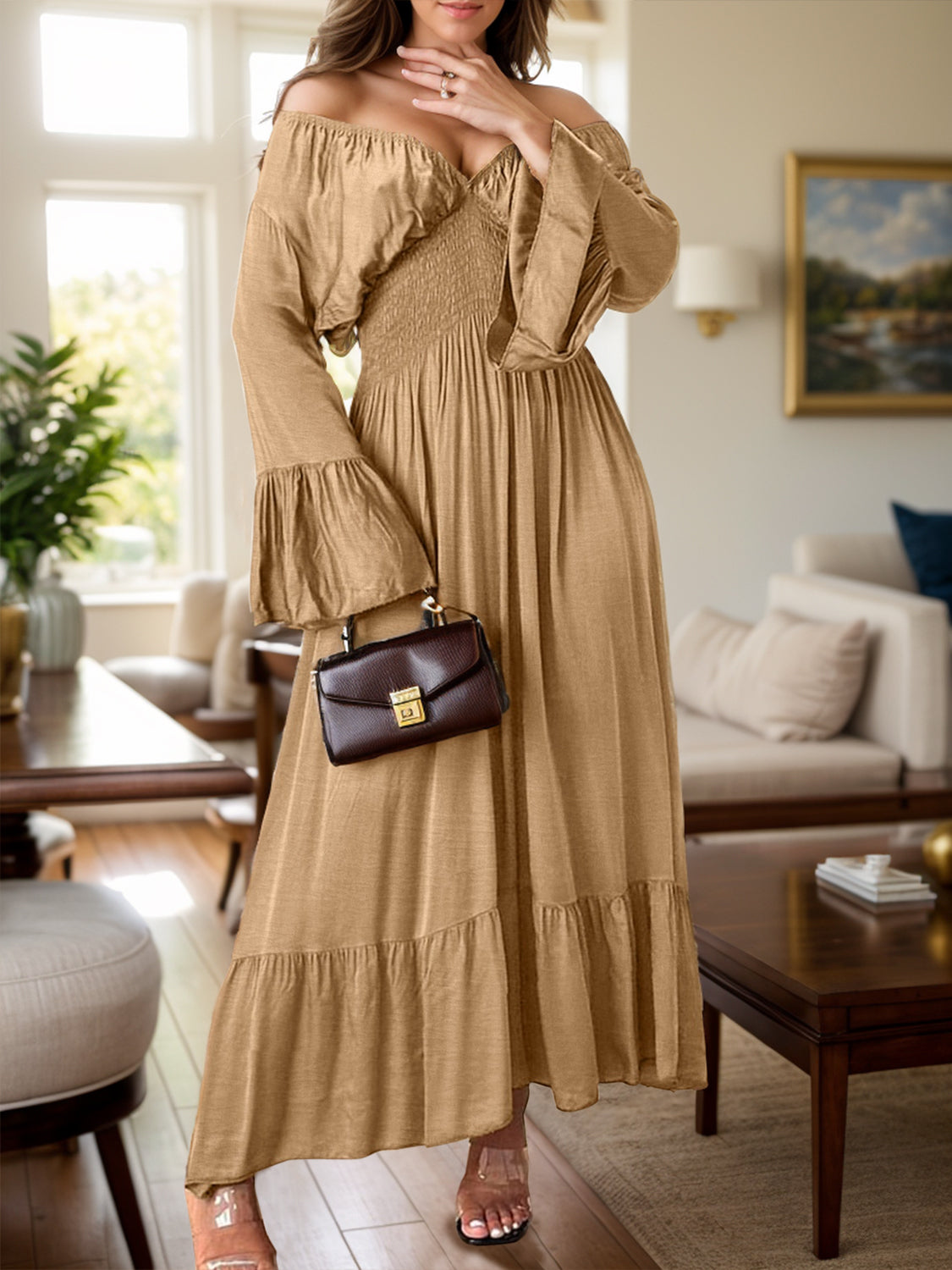 Smocked Flounce Sleeve Maxi Dress-TOPS / DRESSES-[Adult]-[Female]-Camel-S-2022 Online Blue Zone Planet