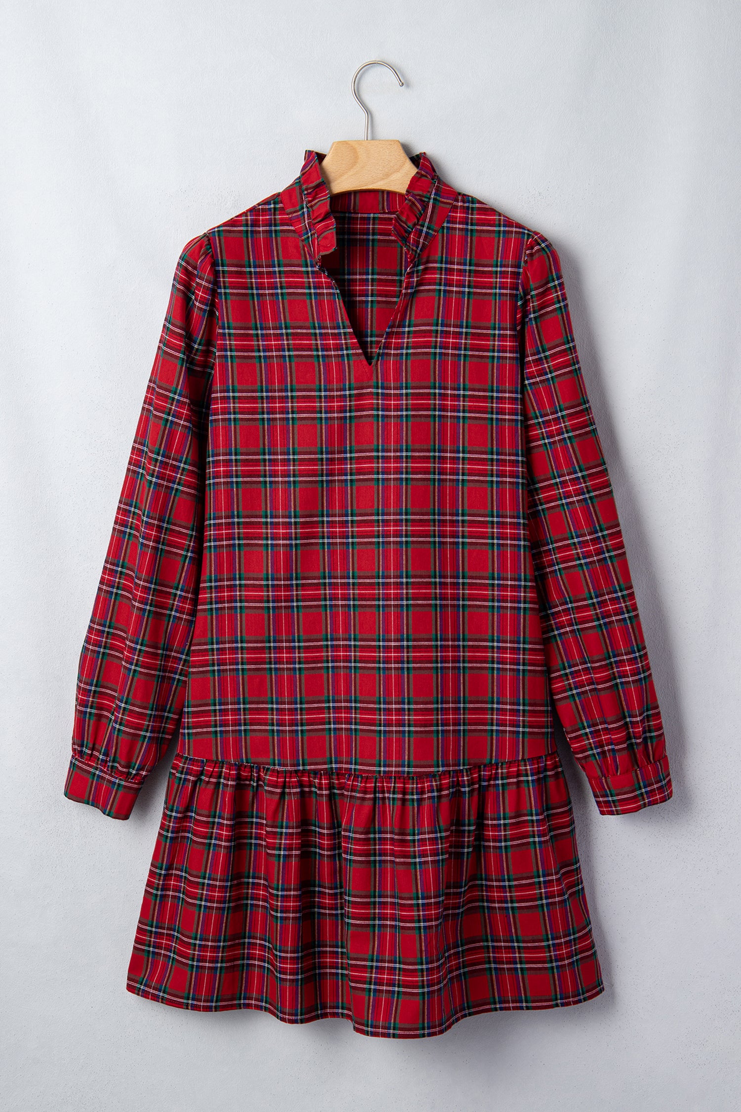 Red Plaid Long Sleeve Mini Shift Silhouette Decoration Dress-TOPS / DRESSES-[Adult]-[Female]-2022 Online Blue Zone Planet