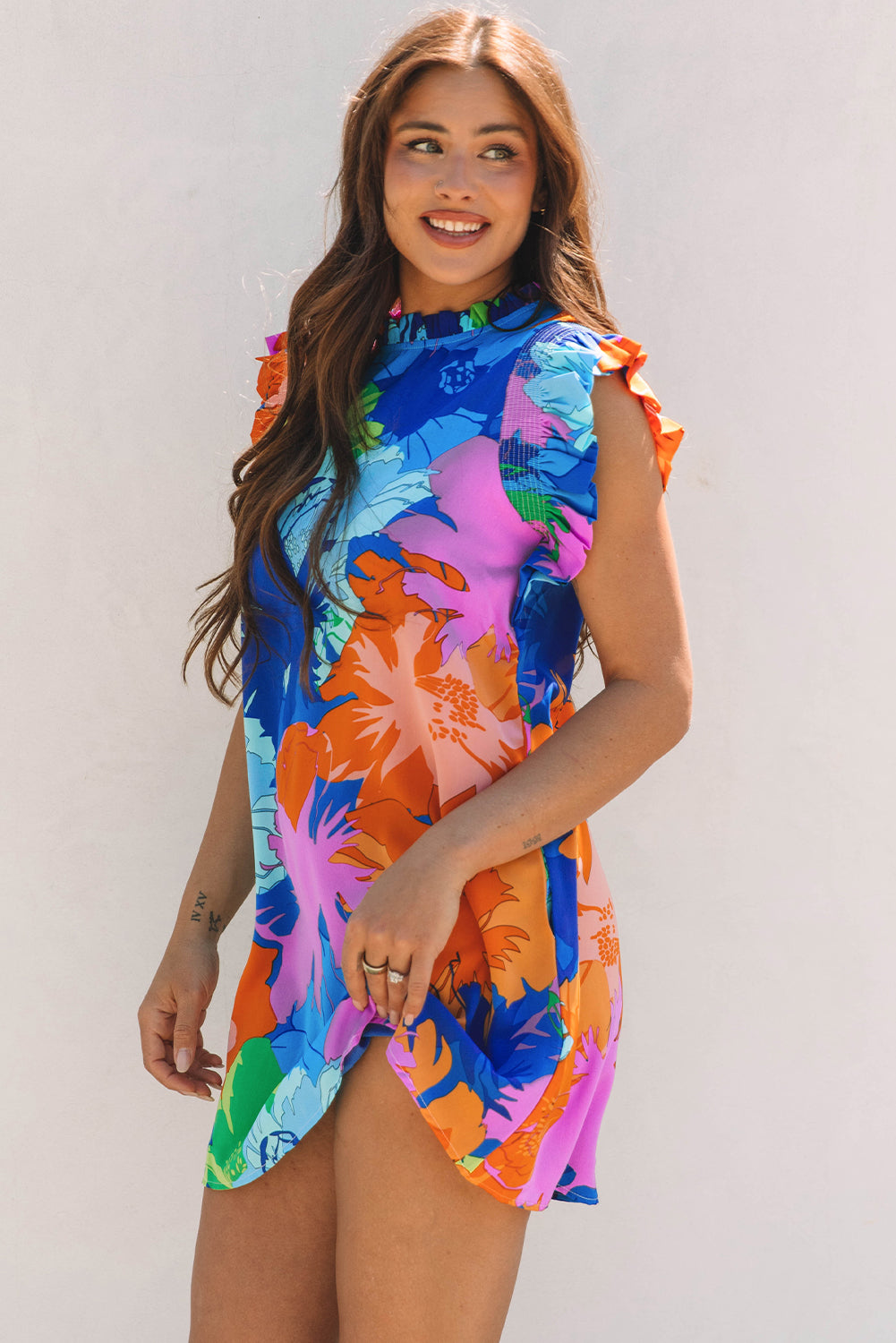 Blue Bold Floral Flutter Sleeve Shift Mini Dress with Pockets-TOPS / DRESSES-[Adult]-[Female]-2022 Online Blue Zone Planet