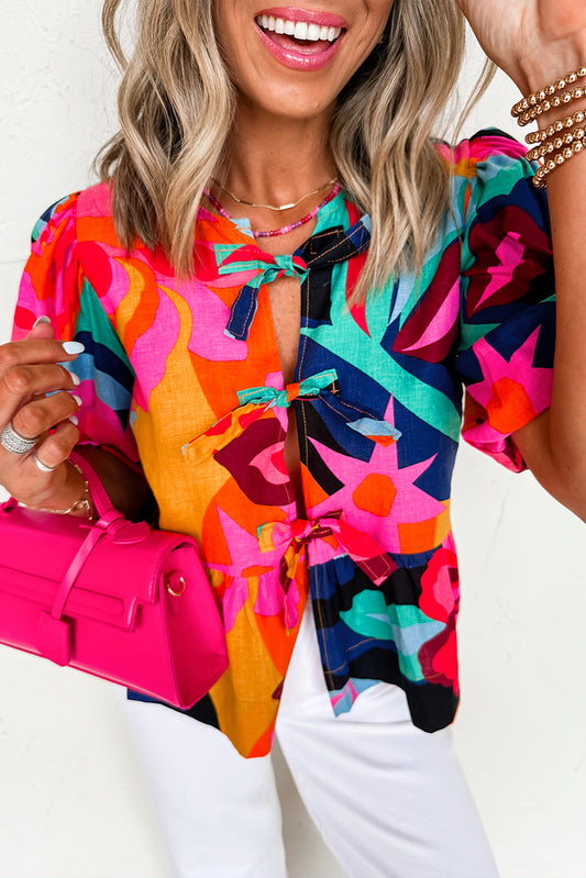 Red Abstract Floral Print Front Tied Puff Sleeve Babydoll Blouse-Tops/Blouses & Shirts-[Adult]-[Female]-Red-S-2022 Online Blue Zone Planet