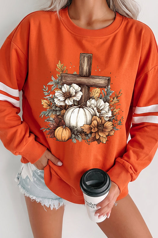 Orange Thanksgiving Floral Pumpkin Cross Print Banded Sleeve Graphic Sweatshirt-Graphic/Graphic Sweatshirts-[Adult]-[Female]-Orange-S-2022 Online Blue Zone Planet