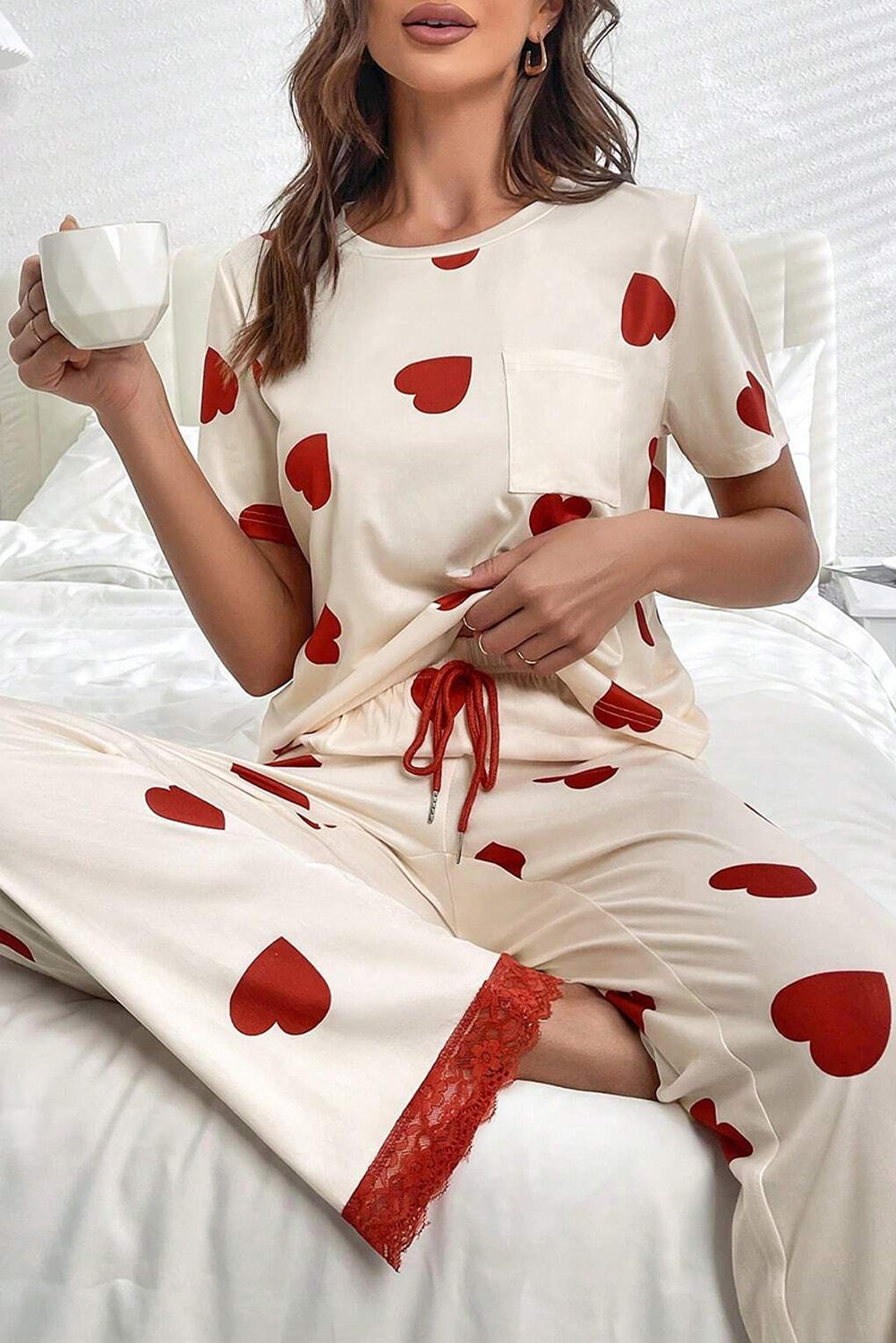 White Valentines Heart Print Lace Hem Tee Pants Pajama Set-Sale (50% OFF)/30% OFF-[Adult]-[Female]-White-S-2022 Online Blue Zone Planet