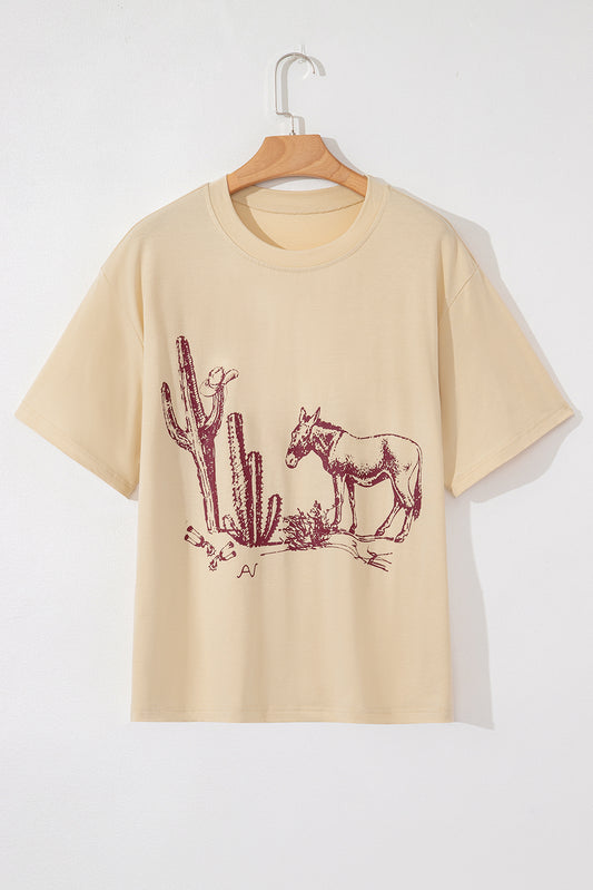Parchment Western Burro Cactus Crew Neck Graphic Tee-Plus Size/Plus Size Tops/Plus Size Tops & Tees-[Adult]-[Female]-2022 Online Blue Zone Planet