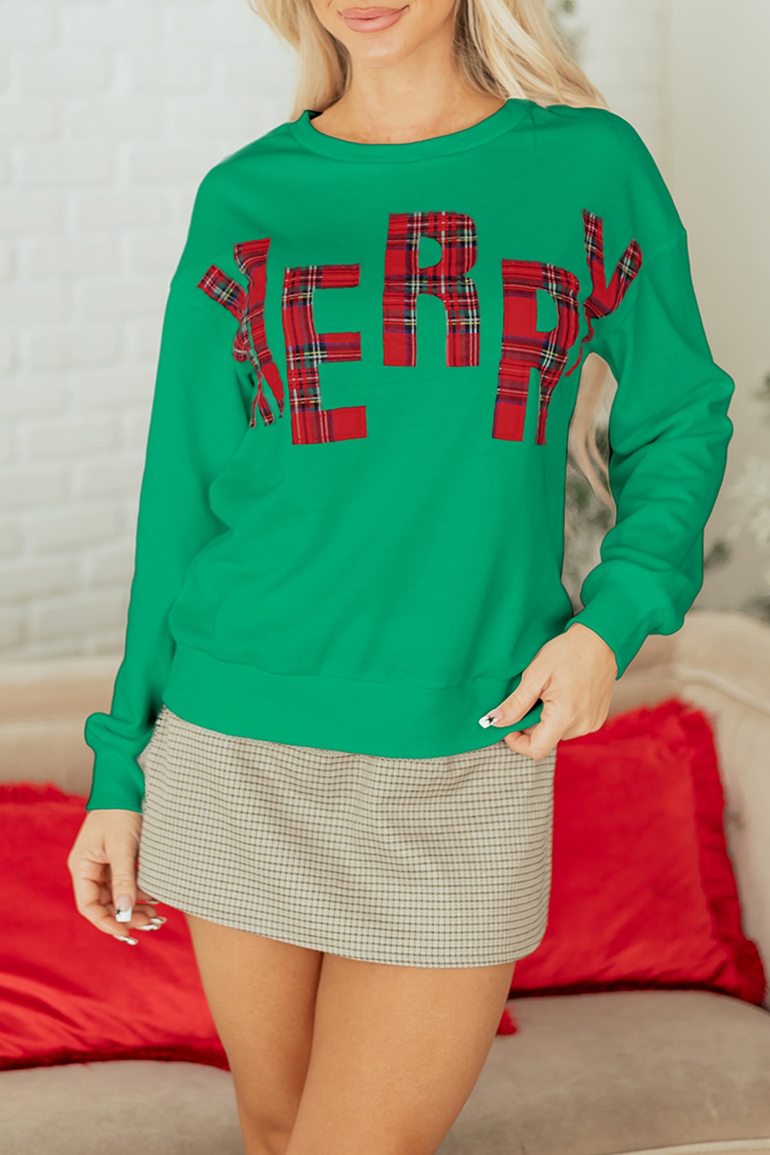 Sea Green Plaid MERRY Christmas Vacation Sweatshirt-Tops/Sweatshirts & Hoodies-[Adult]-[Female]-2022 Online Blue Zone Planet