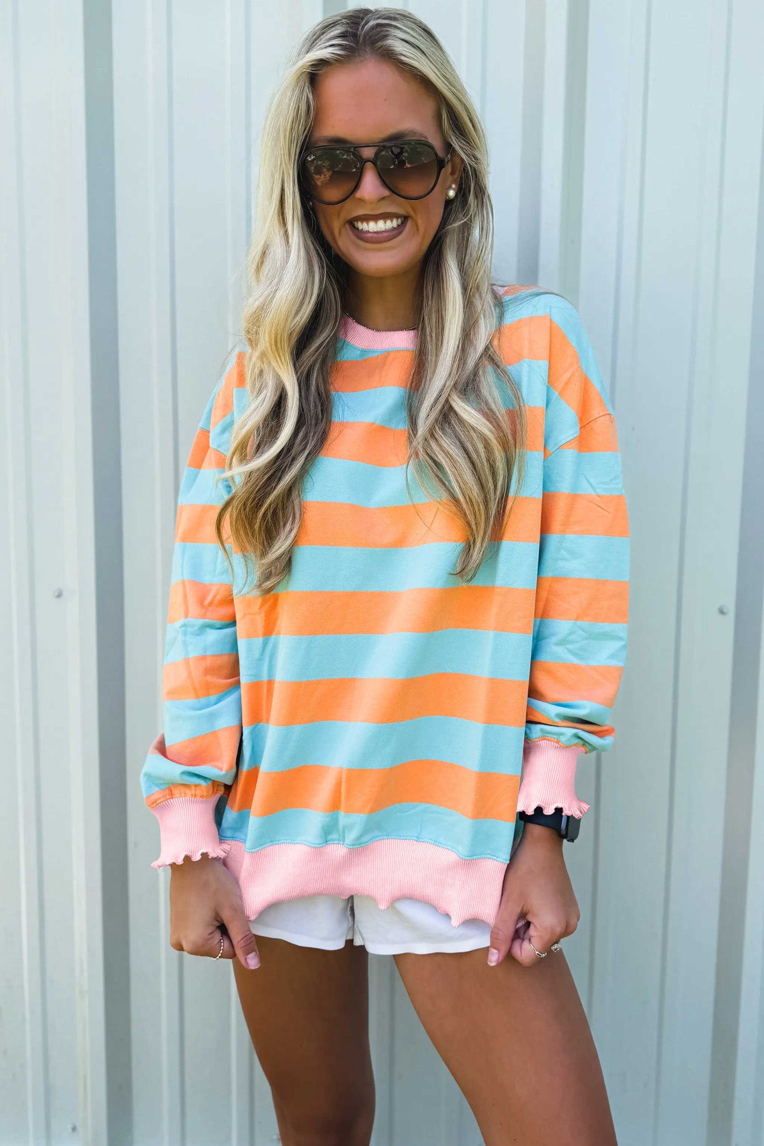 Orange Stripe Ribbed Color Block Trim Round Neck Long Sleeve Shift Top-Tops/Long Sleeve Tops-[Adult]-[Female]-2022 Online Blue Zone Planet