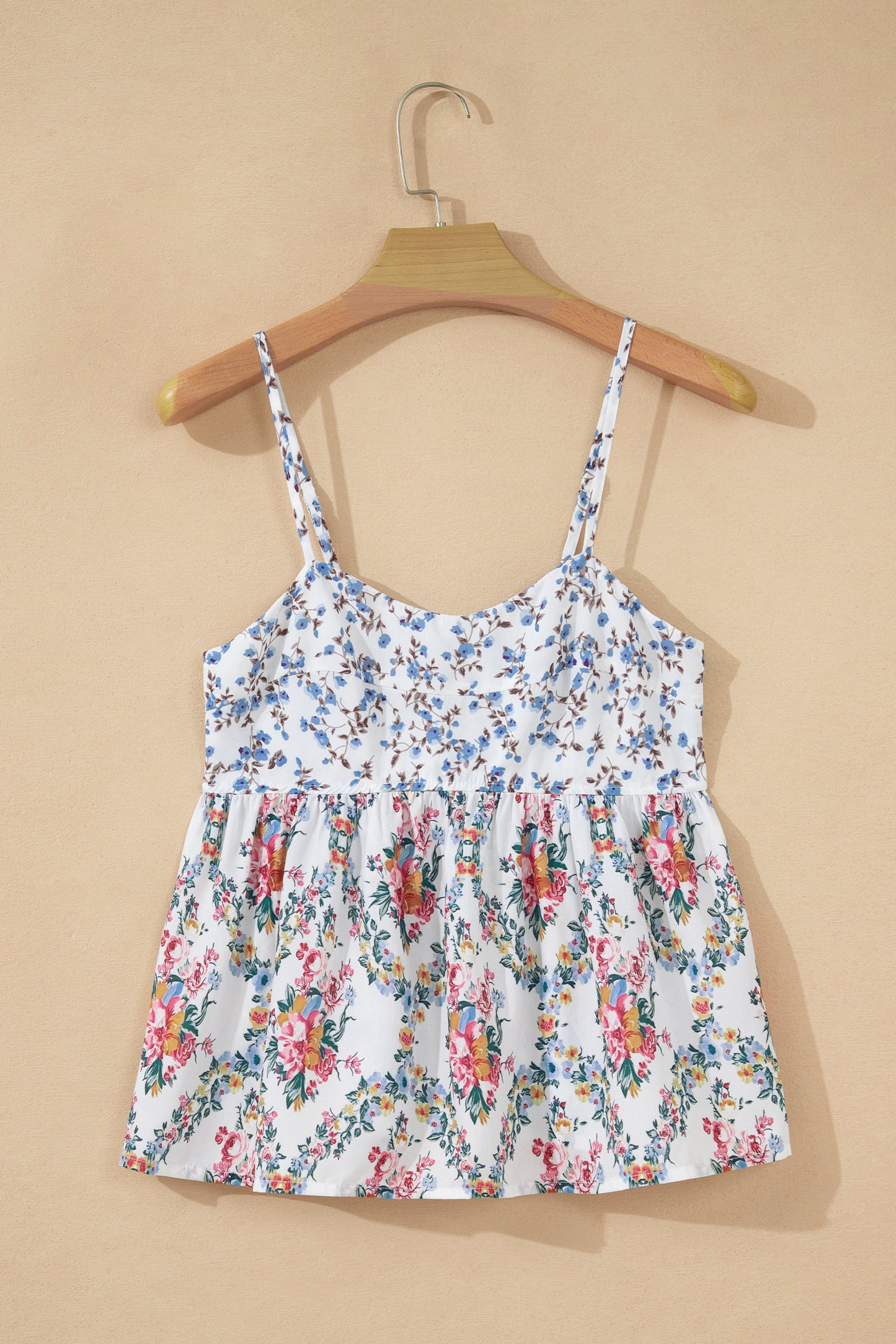 White Contrast Floral Printed Patchwork Spaghetti Straps Babydoll Top-Tops/Tank Tops-[Adult]-[Female]-2022 Online Blue Zone Planet