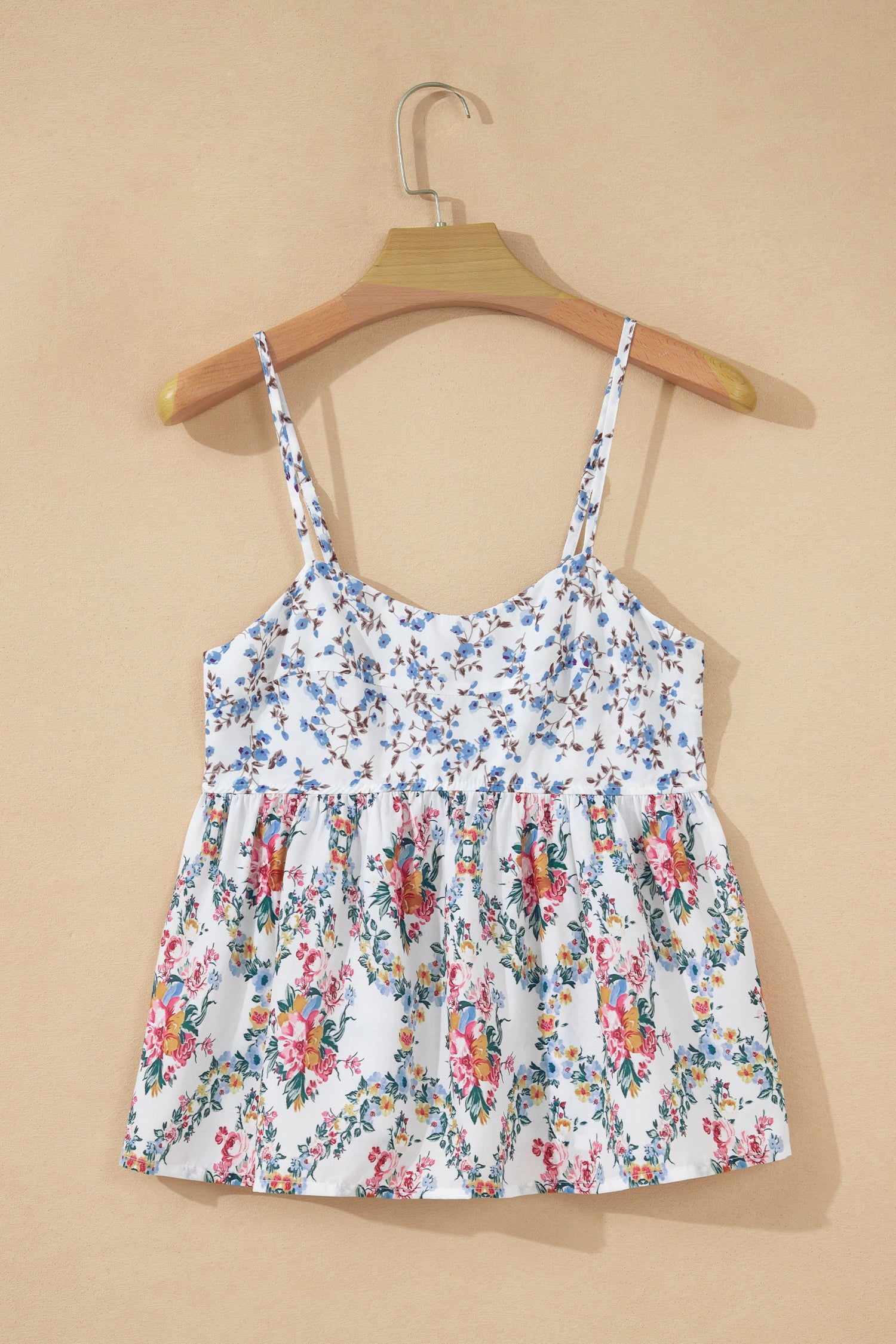 White Contrast Floral Printed Patchwork Spaghetti Straps Babydoll Top-Tops/Tank Tops-[Adult]-[Female]-2022 Online Blue Zone Planet