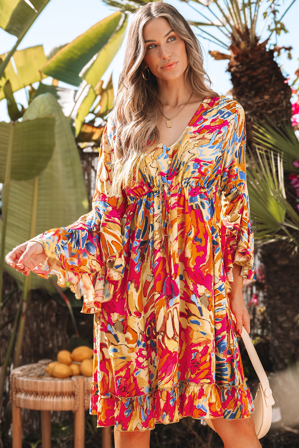 Pink Plant Print Flared Sleeve Ruffled Hem Tunic High Waist Flowy Dress-TOPS / DRESSES-[Adult]-[Female]-2022 Online Blue Zone Planet