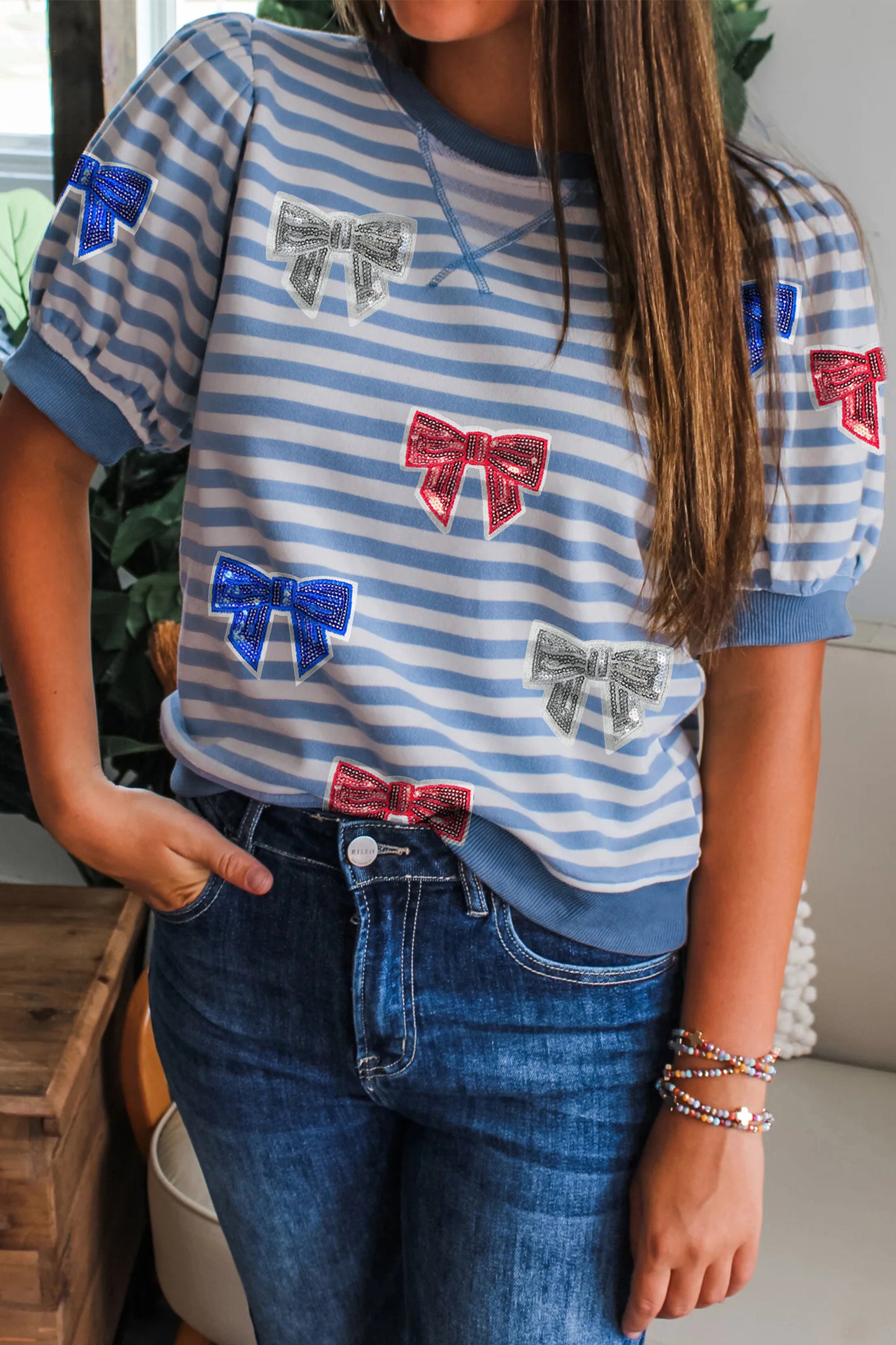 Sky Blue Stripe Patriotic Sequin Bow Graphic Short Puff Sleeve Top-Graphic/Graphic Tees-[Adult]-[Female]-Sky Blue Stripe-S-2022 Online Blue Zone Planet