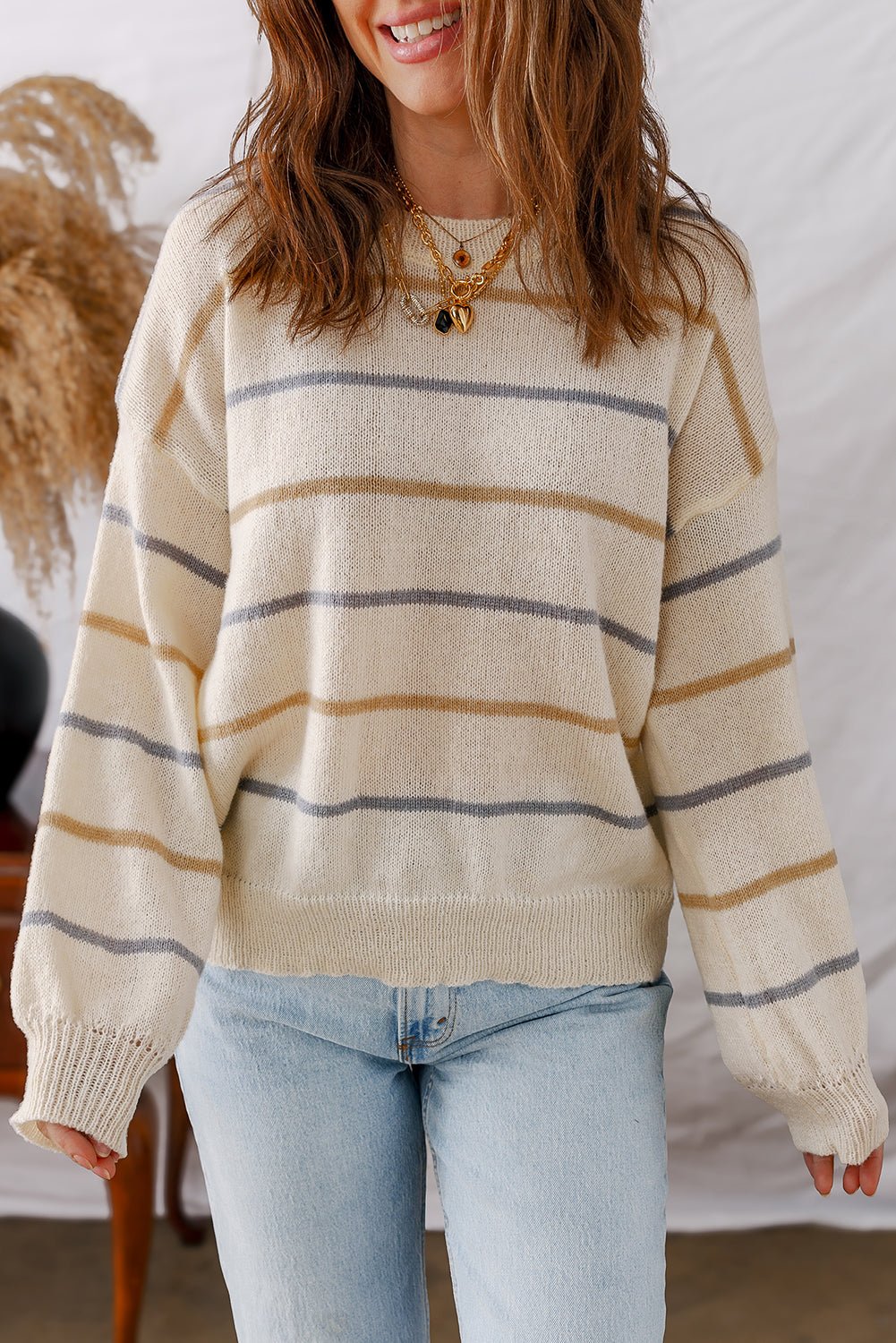 Multicolour Striped Ribbed Edge Drop Shoulder Sweater-TOPS / DRESSES-[Adult]-[Female]-2022 Online Blue Zone Planet
