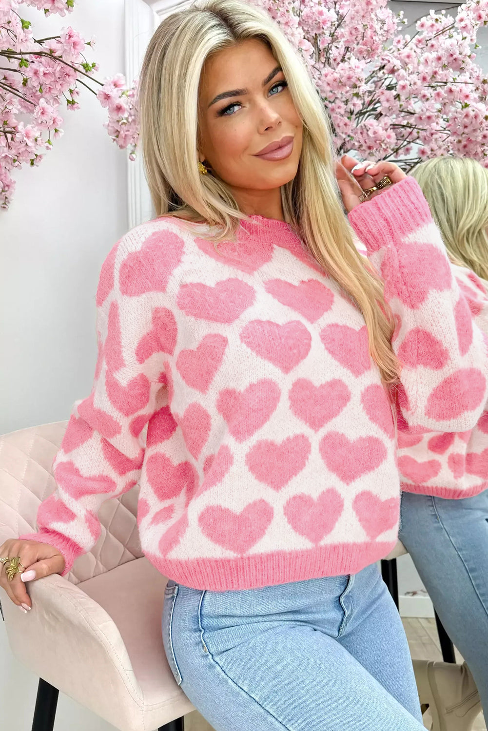 Strawberry Pink Valentine Heart Print Knit Sweater-TOPS / DRESSES-[Adult]-[Female]-2022 Online Blue Zone Planet