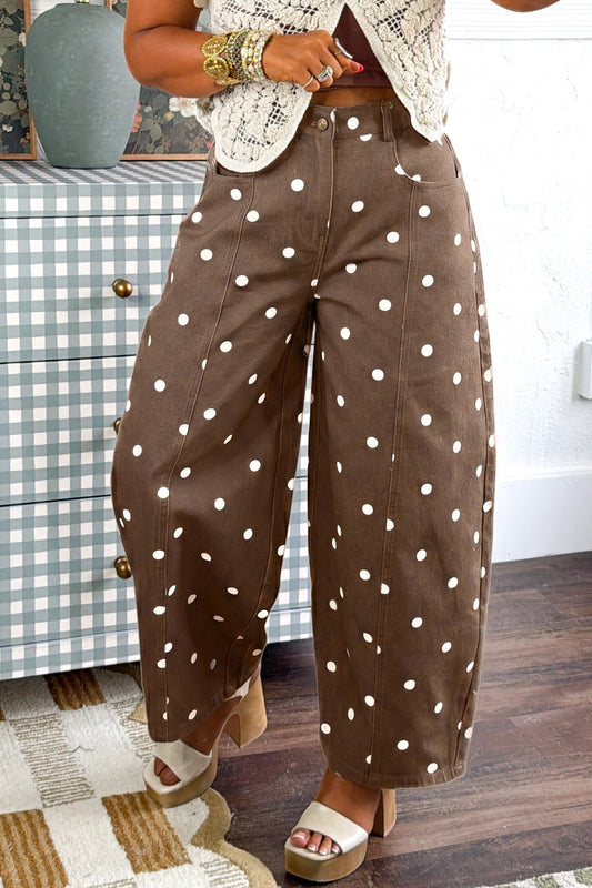 Brown Tailored Seam Polka Dot Print Barrel Casual Jeans-Bottoms/Jeans-[Adult]-[Female]-Brown-4-2022 Online Blue Zone Planet