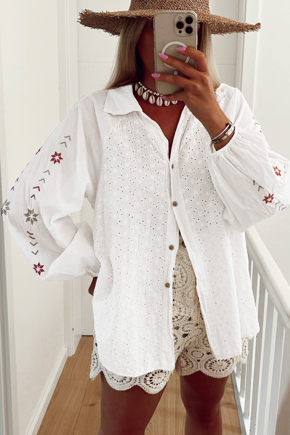 White Floral Embroidered Puff Sleeve Eyelet Patchwork Shirt-Tops/Blouses & Shirts-[Adult]-[Female]-2022 Online Blue Zone Planet