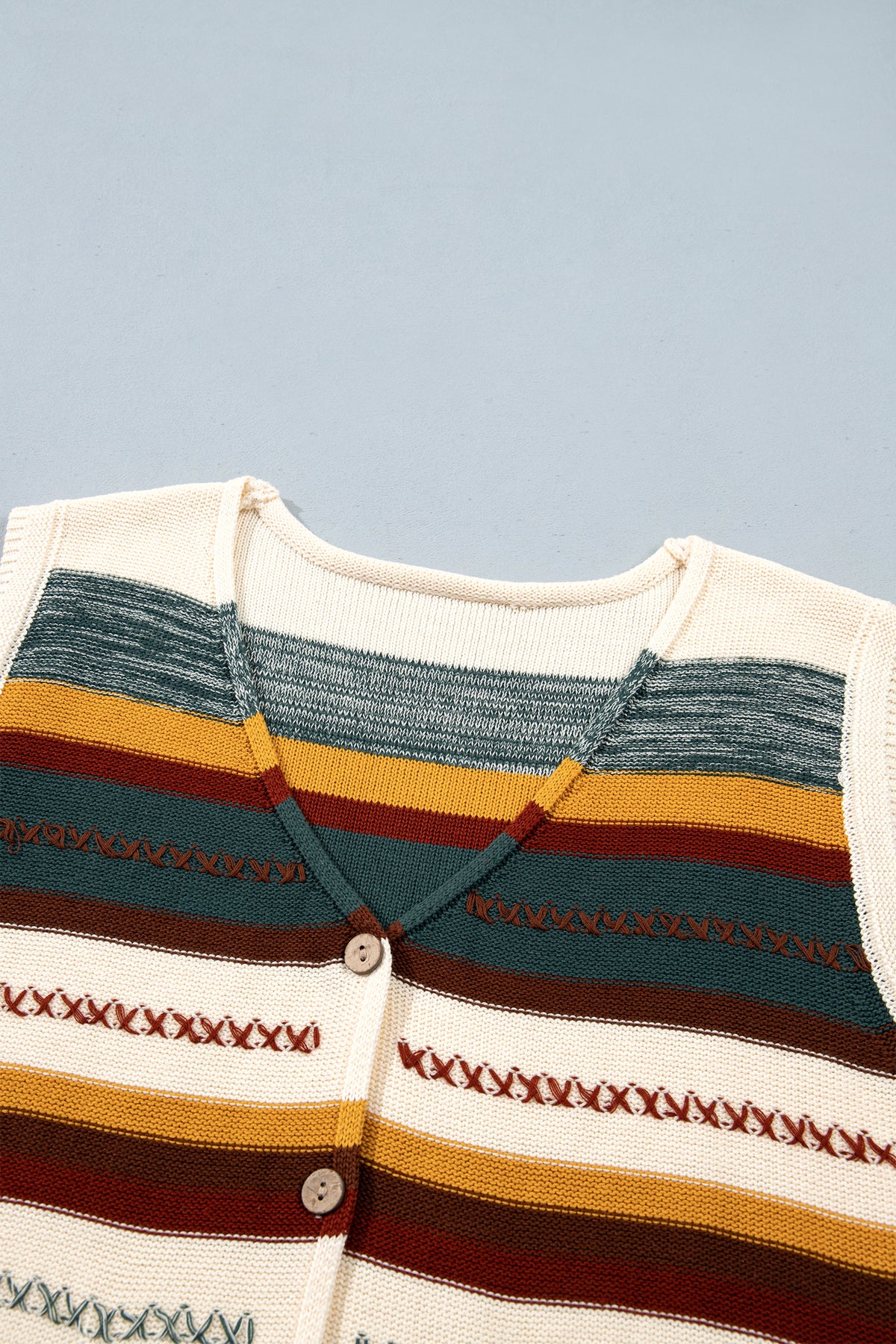 Multicolour Striped Button Front Sleeveless Knit Regular Fit Sweater Vest-Sweaters & Cardigans/Sweater Vests-[Adult]-[Female]-2022 Online Blue Zone Planet