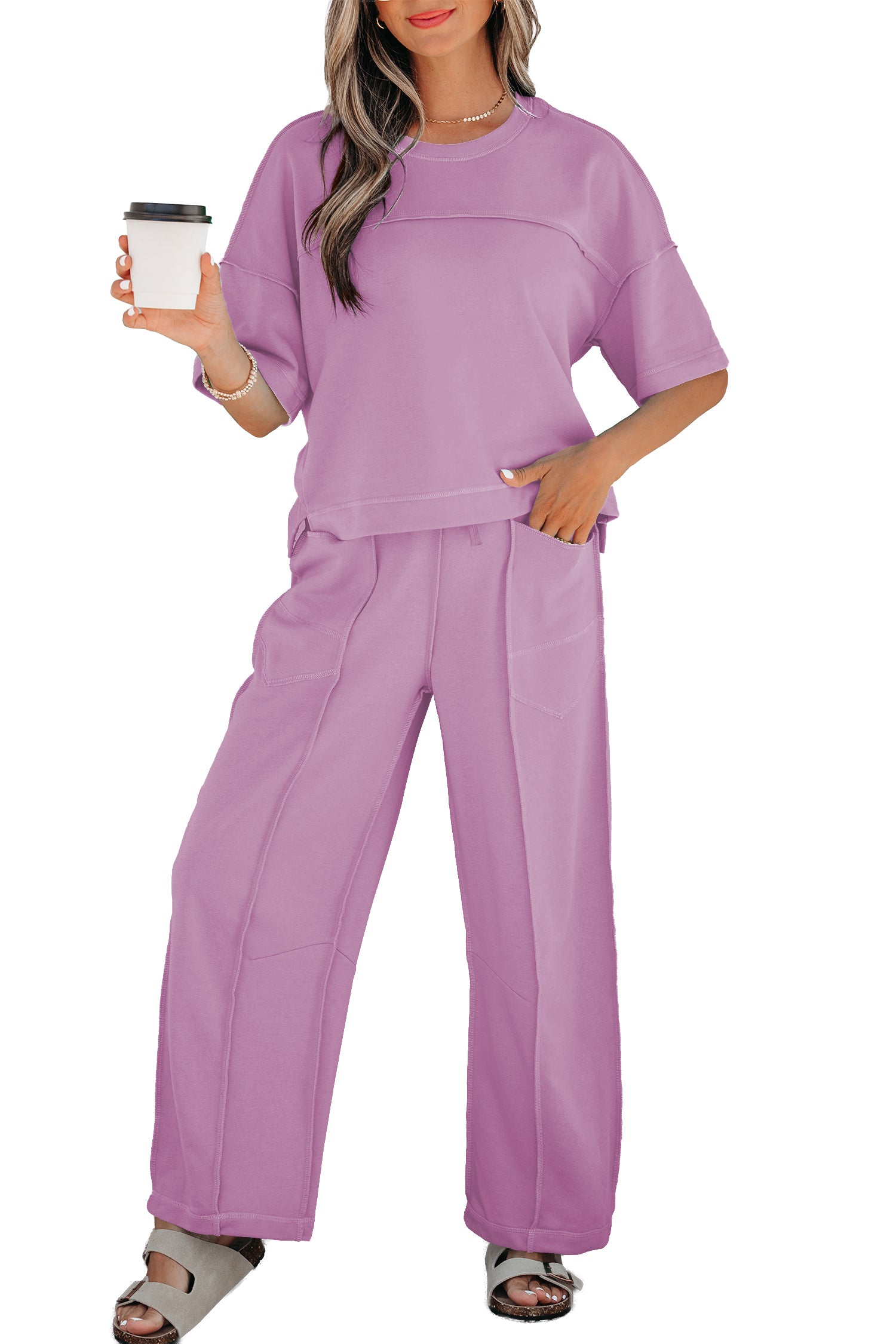Sky Blue Drop Shoulder Boxy Tee and Barrel Pants Set-Two Piece Sets/Pant Sets-[Adult]-[Female]-2022 Online Blue Zone Planet