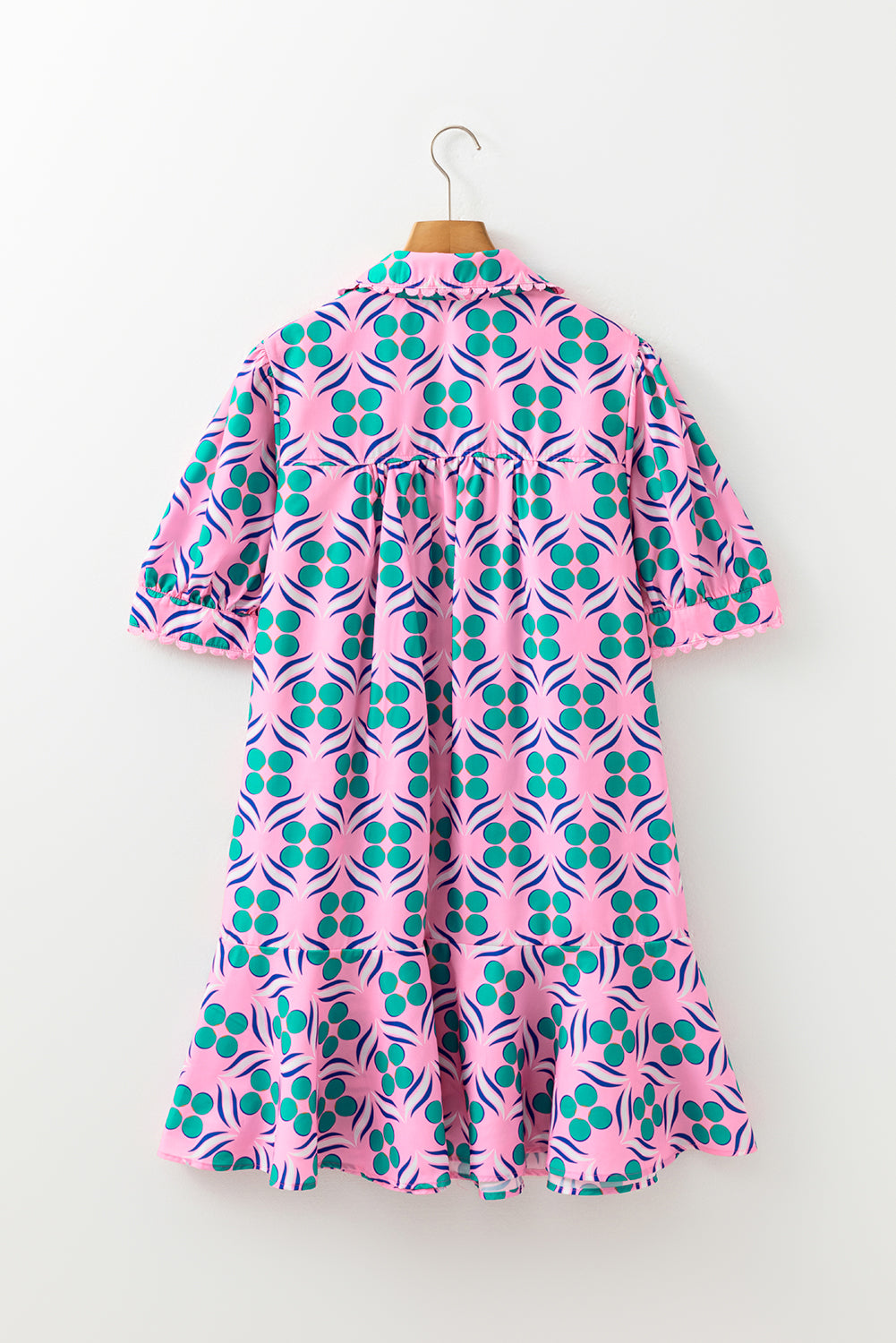 Pink Geometric Floral Print V Neck Ricrac Trim Short Sleeve Mini Dress-TOPS / DRESSES-[Adult]-[Female]-2022 Online Blue Zone Planet