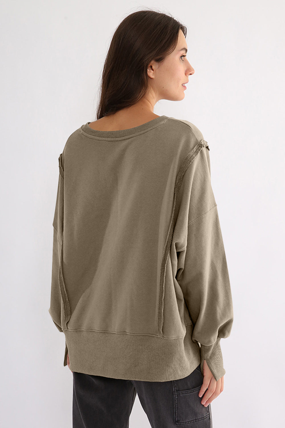 Exposed Seam High-Low Long Sleeve Sweatshirt-TOPS / DRESSES-[Adult]-[Female]-2022 Online Blue Zone Planet