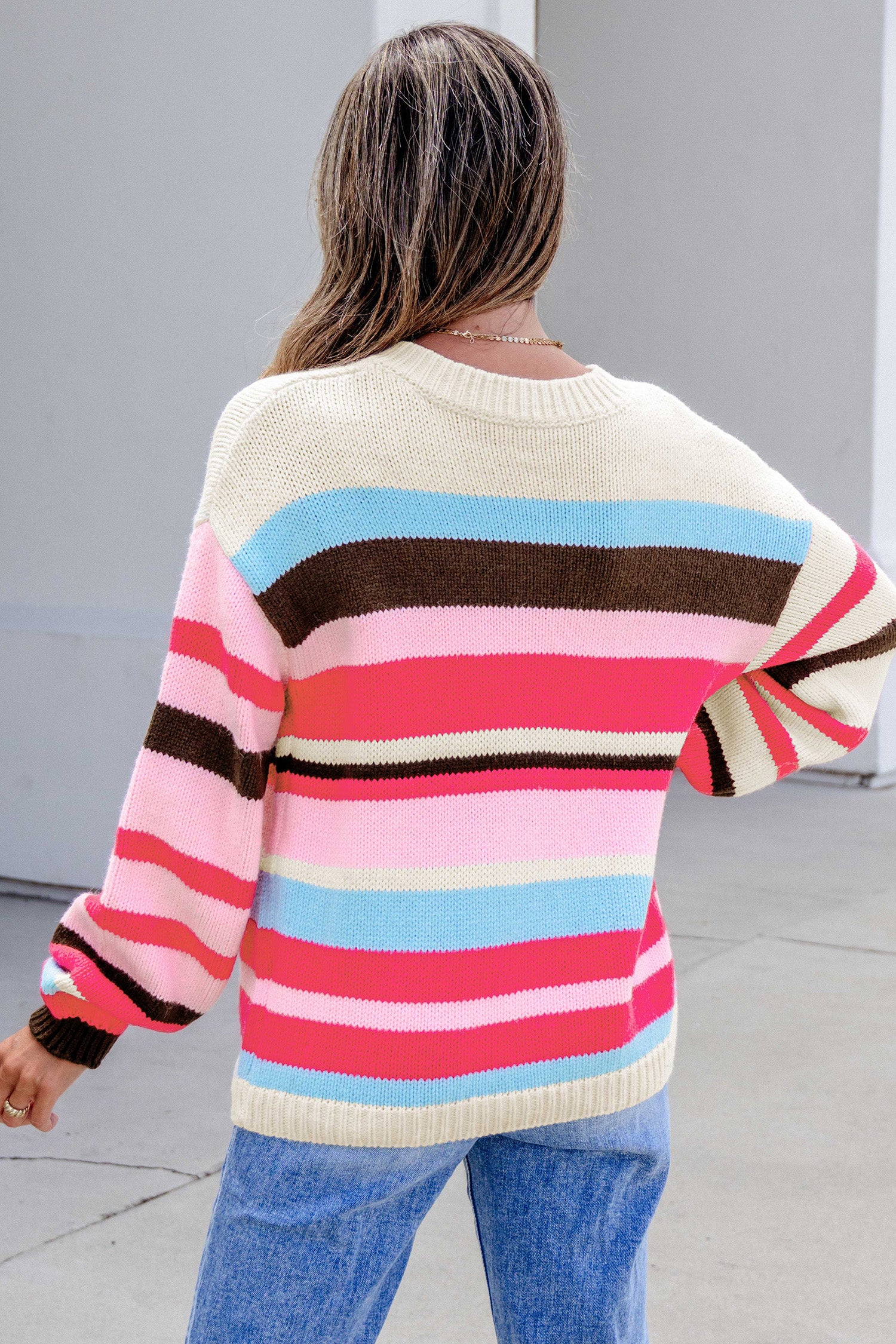 Pink Stripe Striped Colorblock Drop Shoulder Cardigan-Sweaters & Cardigans/Cardigans-[Adult]-[Female]-2022 Online Blue Zone Planet
