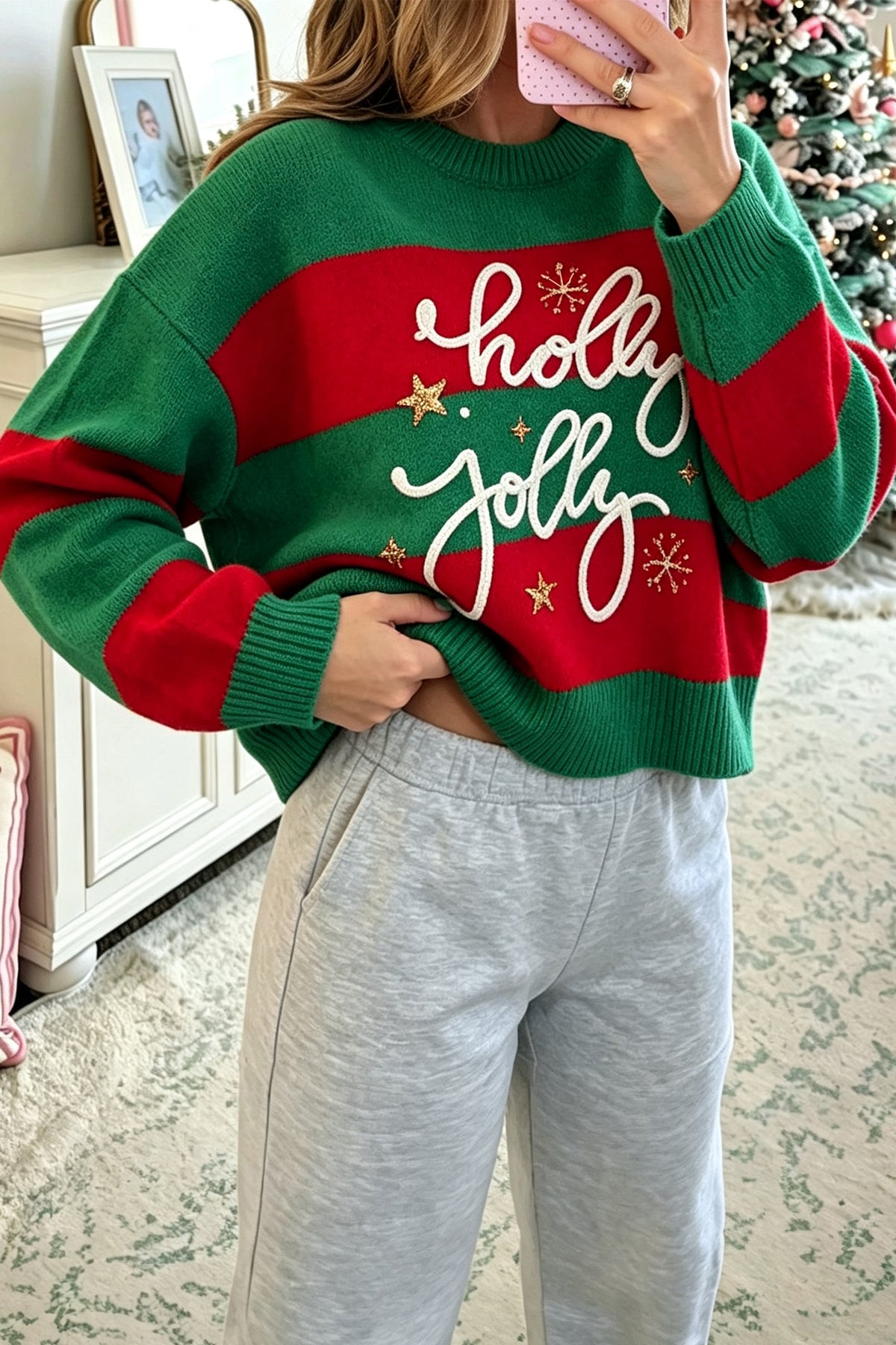 Green Stripe Festive Holly Jolly Sequin Christmas Holiday Sweater-TOPS / DRESSES-[Adult]-[Female]-Green Stripe-S-2022 Online Blue Zone Planet