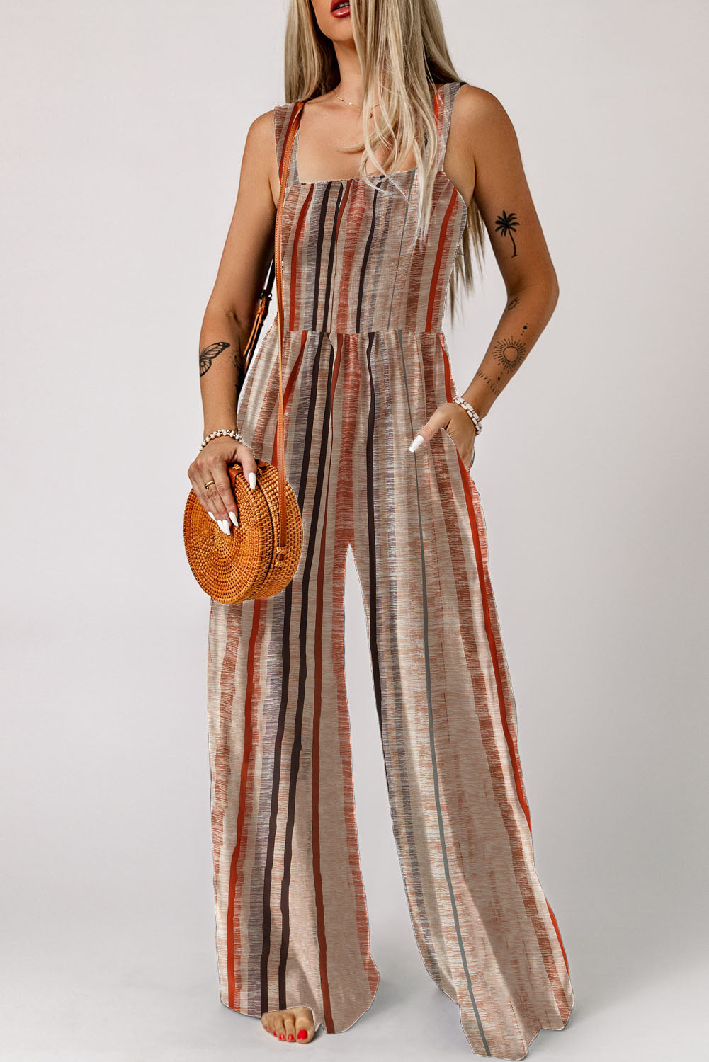 Yellow Stripe Square Neck Sleeveless Smocked Bodice Wide Leg Jumpsuit-Bottoms/Jumpsuits & Rompers-[Adult]-[Female]-2022 Online Blue Zone Planet