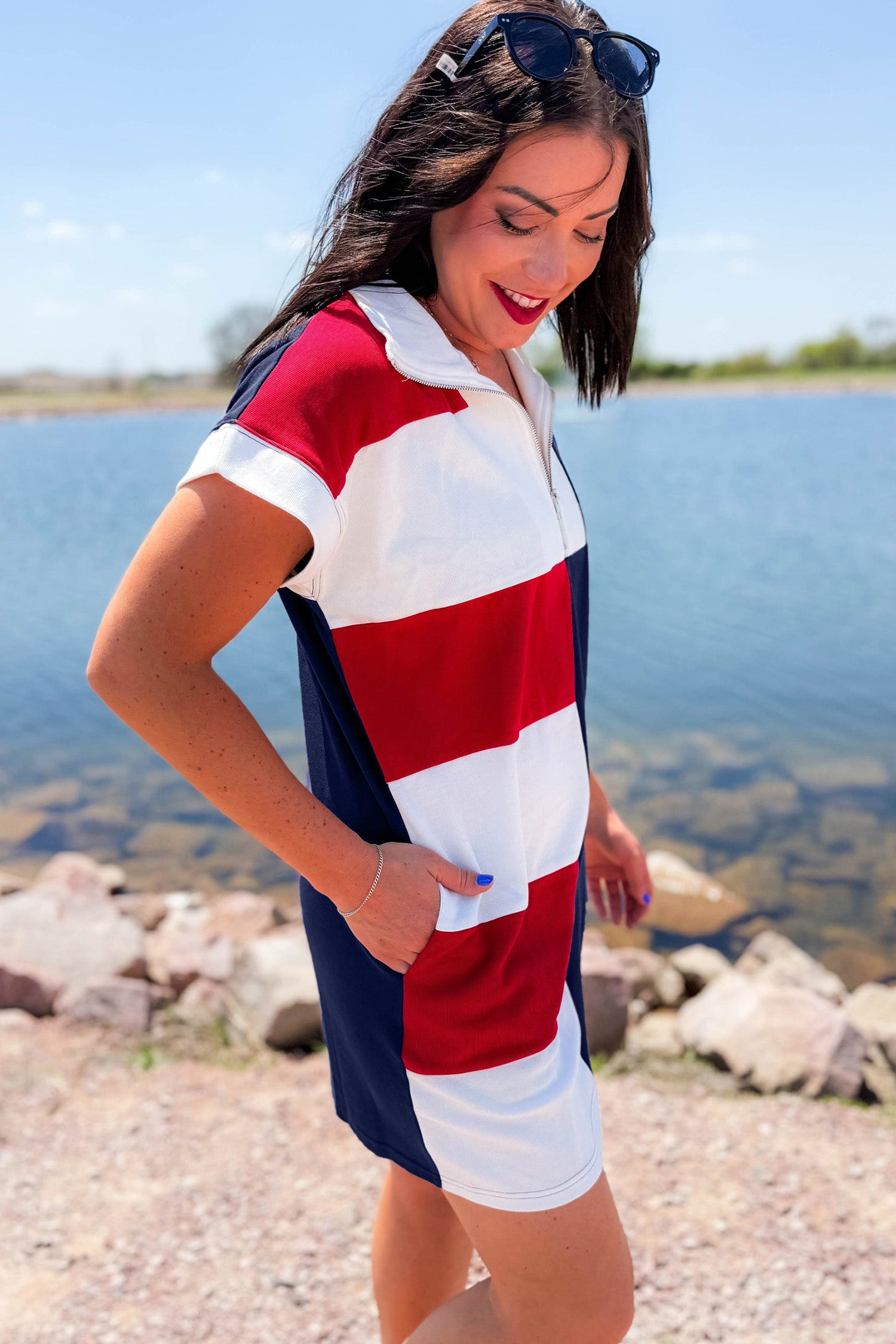 Navy Blue Americana Colorblock Stripes Zip up Collared T Shirt Mini Dress-TOPS / DRESSES-[Adult]-[Female]-2022 Online Blue Zone Planet