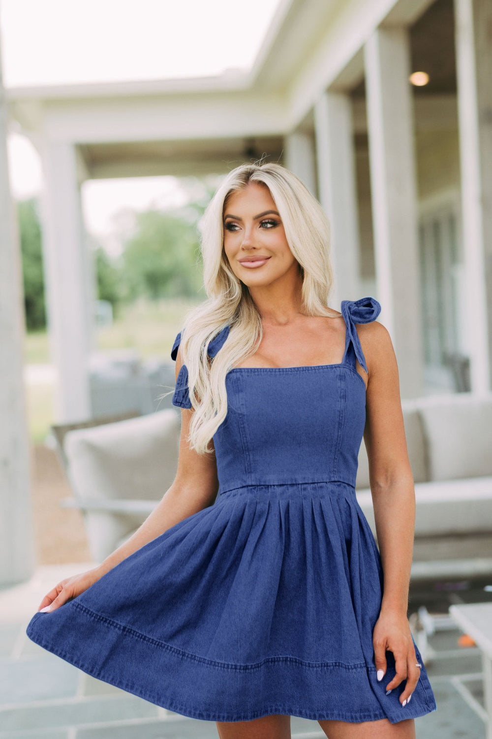 Blue Zone | Square Neck Tie Shoulder Denim Dress