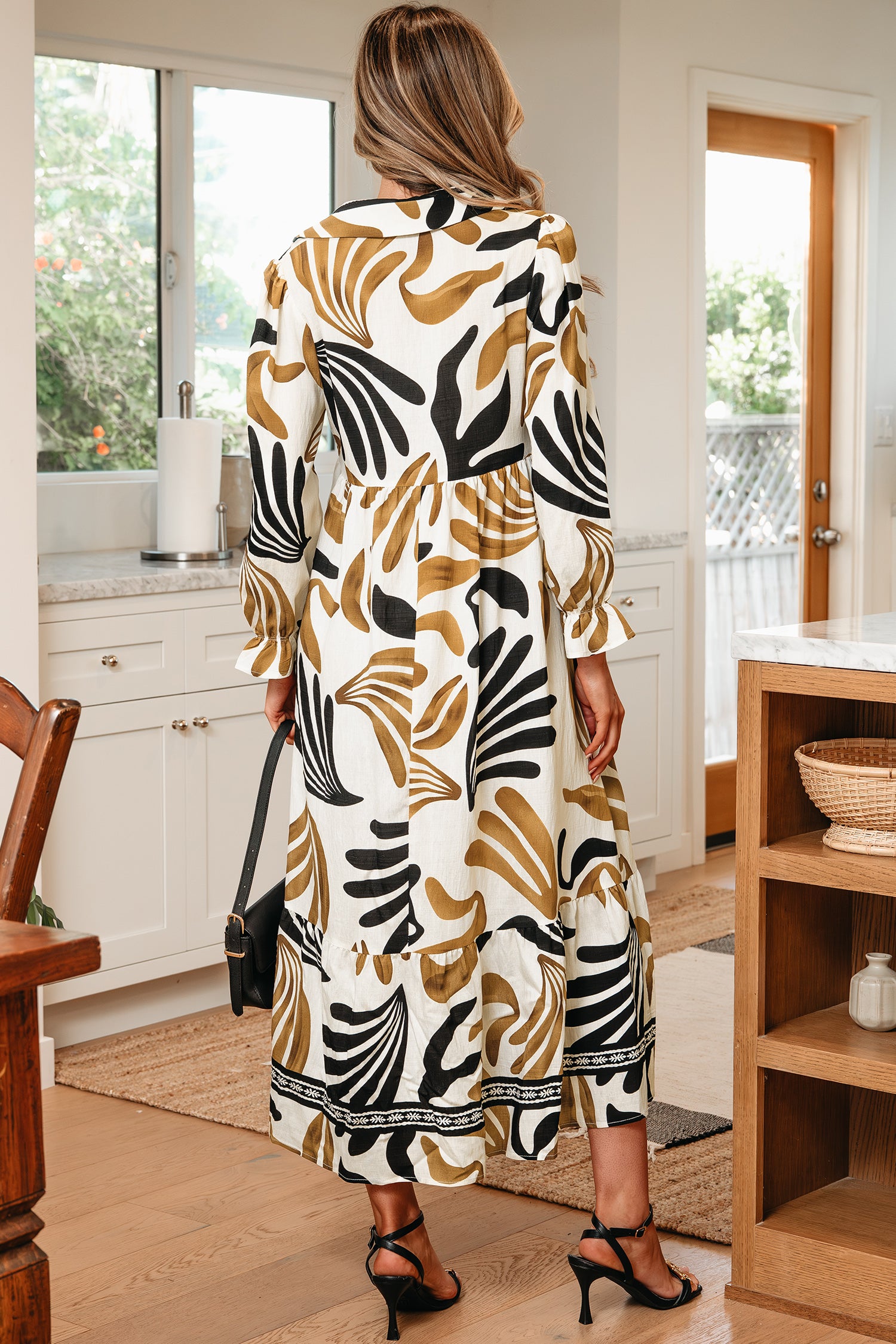 Brown Tropical Printed Contrast Trim Neck Long Sleeve Ruffle Hem Dress-TOPS / DRESSES-[Adult]-[Female]-2022 Online Blue Zone Planet