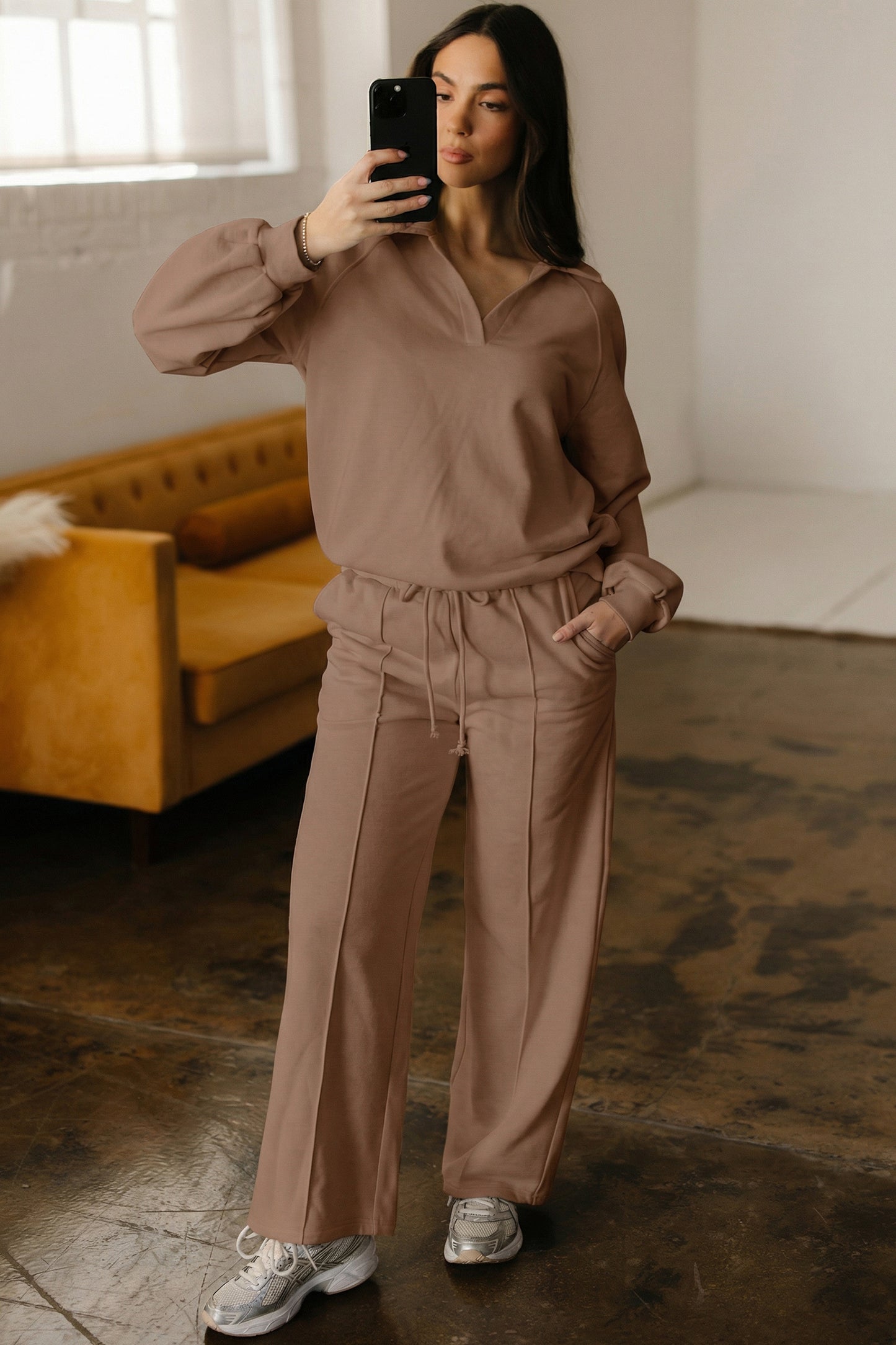 Dark Khaki Polo Collar V Neck Pullover and Drawstring Sweatpants Set-Two Piece Sets/Pant Sets-[Adult]-[Female]-2022 Online Blue Zone Planet