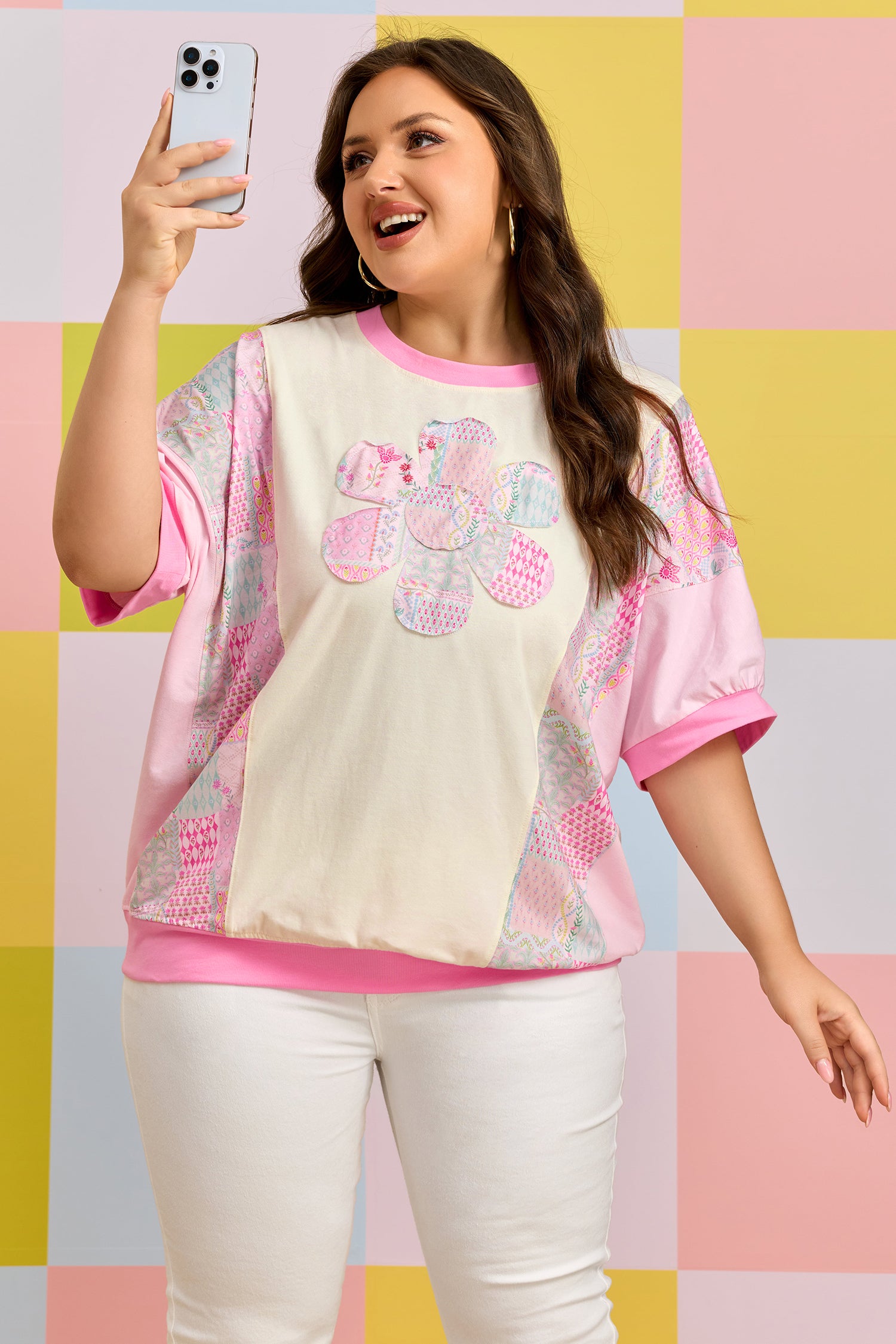 Beige Plus Size Floral Patchwork Short Sleeve Patch Embroidery Cotton T Shirt-Plus Size/Plus Size Tops/Plus Size Tops & Tees-[Adult]-[Female]-2022 Online Blue Zone Planet