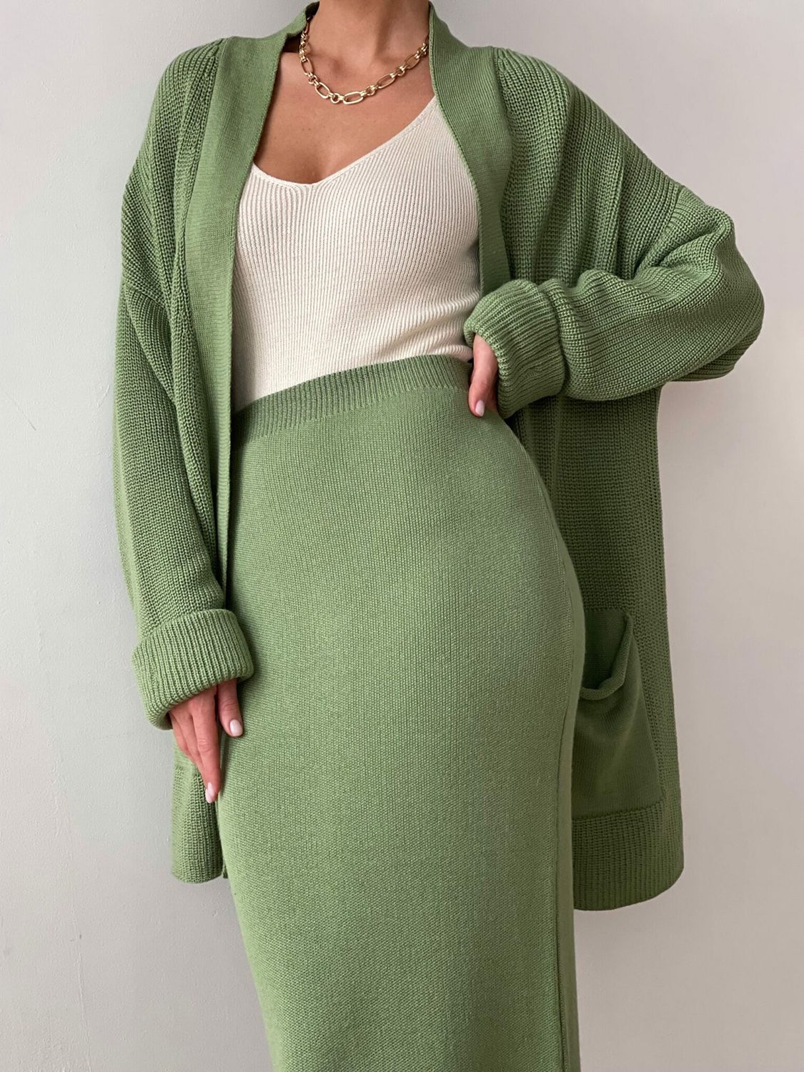 Pocketed Long Sleeve Cardigan and Skirt Sweater Set-TOPS / DRESSES-[Adult]-[Female]-Gum Leaf-One Size-2022 Online Blue Zone Planet