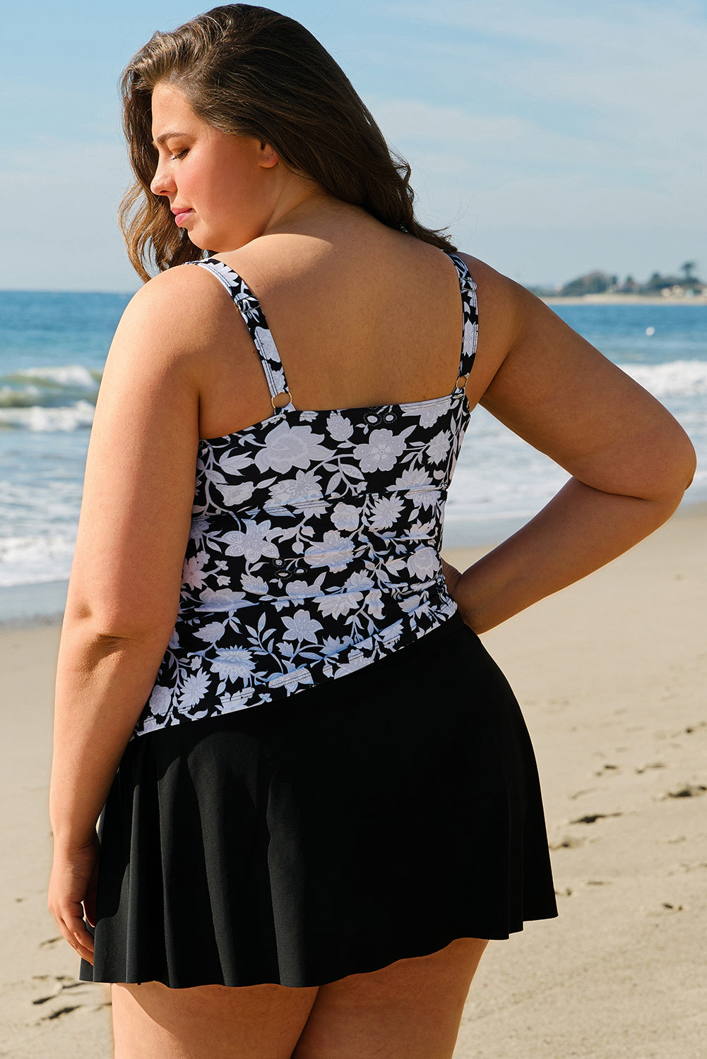 Black Plus Size Printed Square Neck Drawstring Ruffled Tankini Set-Plus Size/Plus Size Swimwear-[Adult]-[Female]-2022 Online Blue Zone Planet