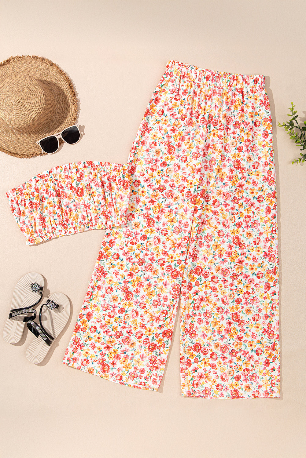 Pink Boho Floral Bandeau Top and High Waist Wide Leg Pants Set-Two Piece Sets/Pant Sets-[Adult]-[Female]-2022 Online Blue Zone Planet